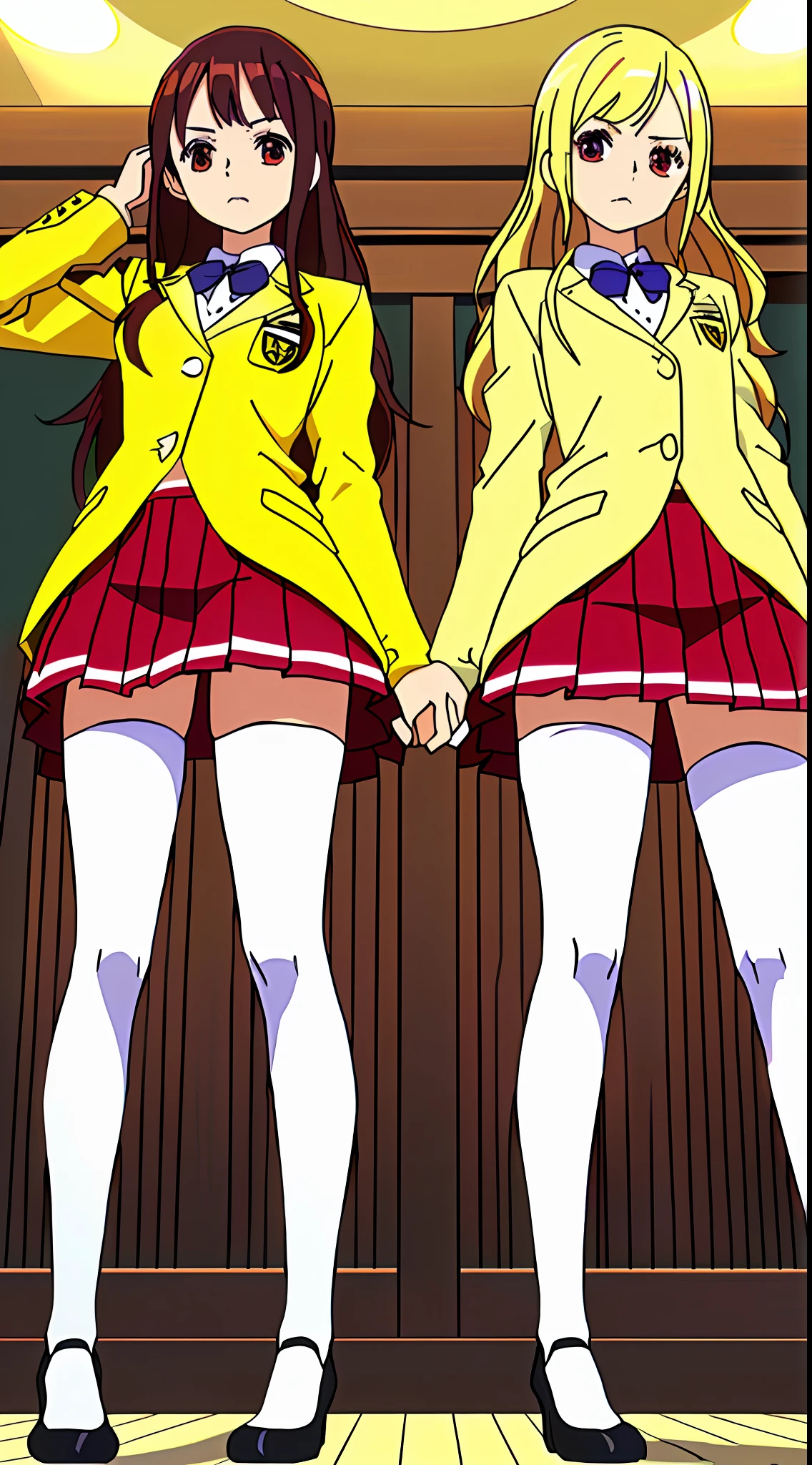 wanostyle, ((Masterpiece, highres)), 2girls, duo, twins, ((one brown haired girl, one blonde girl)), long hair, curly hair, matching hairstyles, different hair color, confident, elegant, rich girls, emotionless, arms at sides, straight backs, (((matching outfits, identical outfits, yellow school uniforms, sexy school uniforms, yellow blazer, yellow short skirt, white thighhighs, long white socks, black high heels))), standing at attention, shoulder to shoulder, same pose, mansion