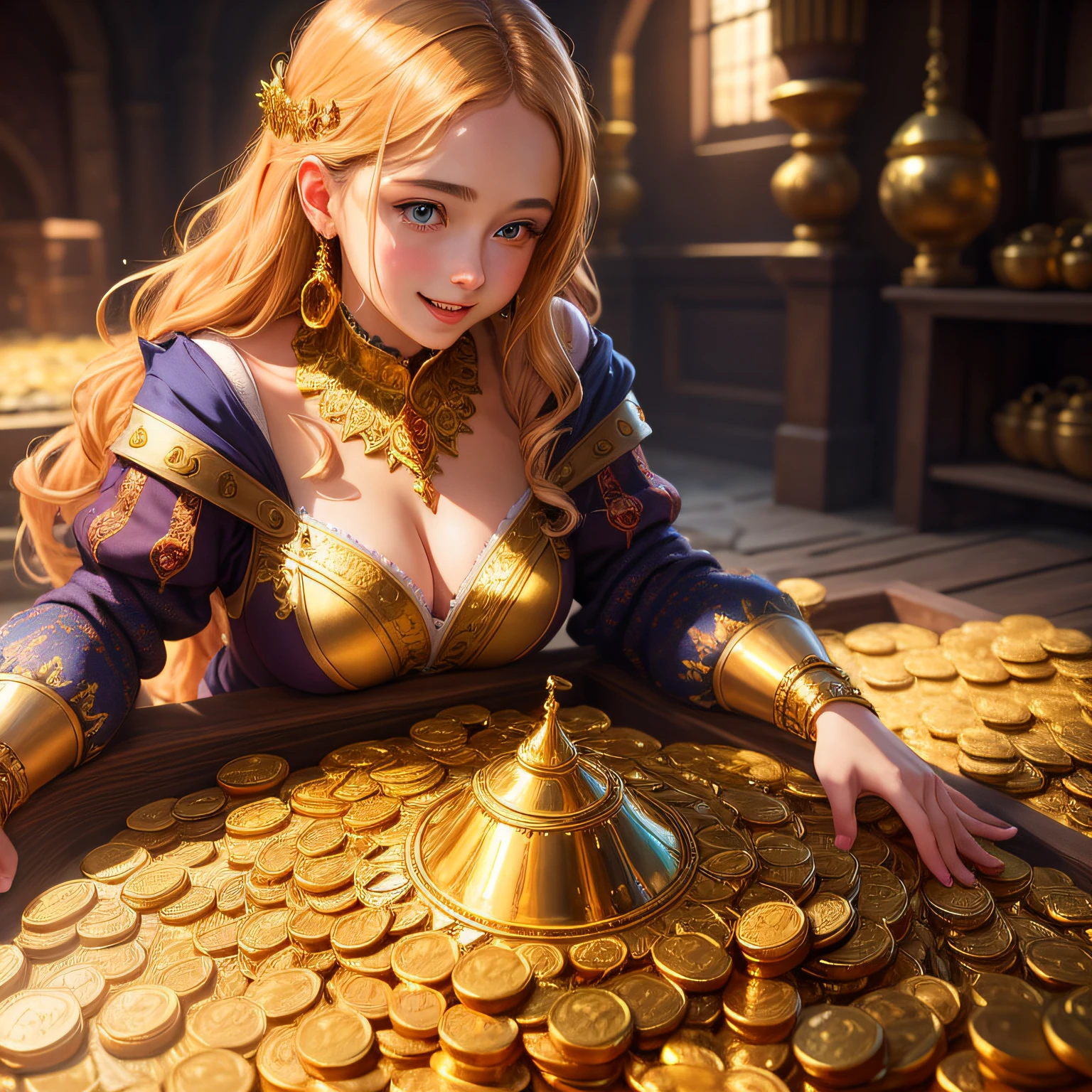 masterpiece, best quality, extremely detailed, detailed intricate illustration, 1girl, looking at viewer, laughing, (lying on a pile of gold coins), cellar filled with many gold coins, (large mound of gold coins), fantasy castle, indoors, glowing, shiny, fantasy, RPG, exciting, rich, sparkle, light beams, underground, beautiful detailed eyes, detailed skin, imagination, realism, figurative, representational, beauty, composition, scale, foreground, middle ground, background, perspective, light, color, texture, detail