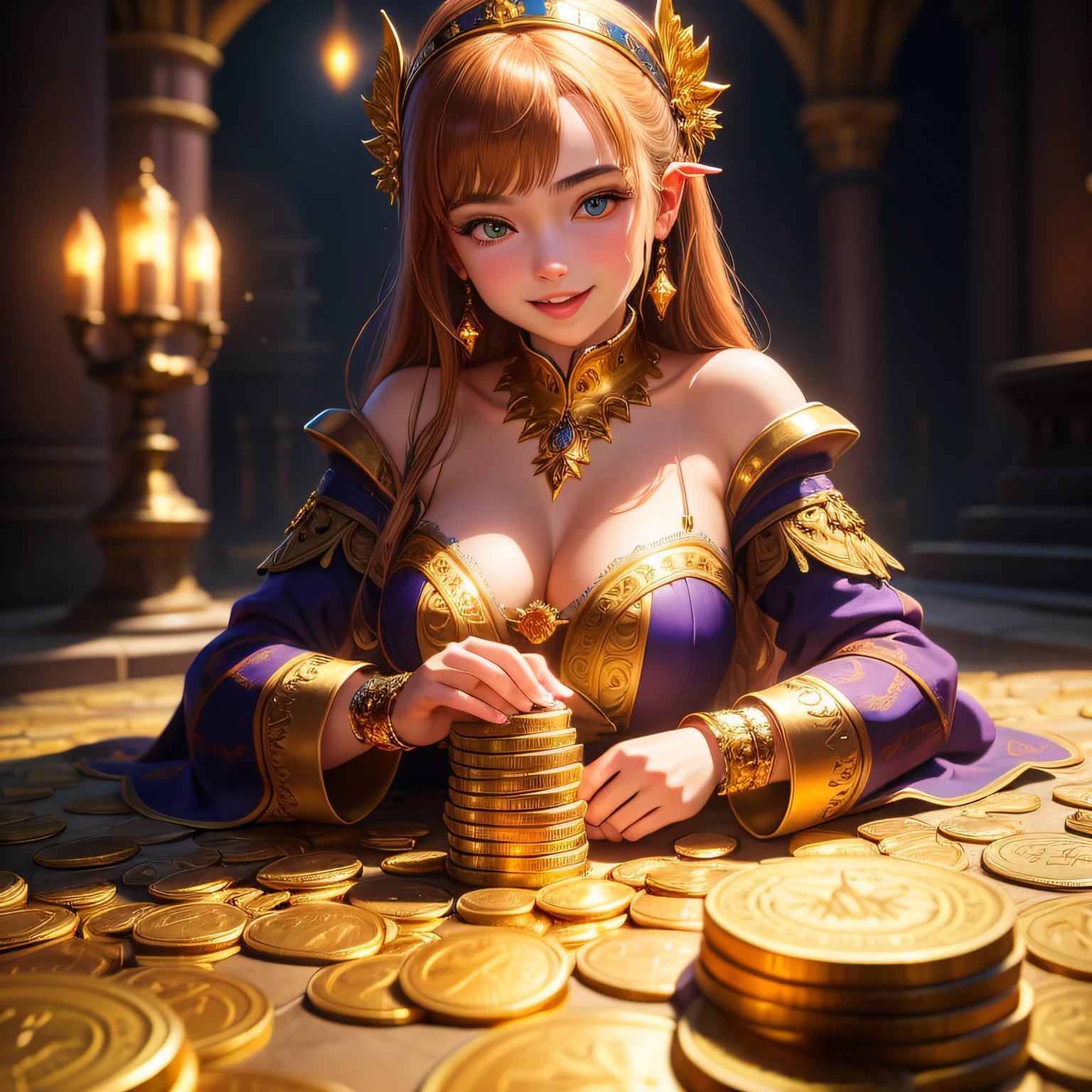 masterpiece, best quality, extremely detailed, detailed intricate illustration, 1girl, looking at viewer, laughing, (lying on a pile of gold coins), cellar filled with many gold coins, (large mound of gold coins), fantasy castle, indoors, glowing, shiny, fantasy, RPG, exciting, rich, sparkle, light beams, underground, beautiful detailed eyes, detailed skin, imagination, realism, figurative, representational, beauty, composition, scale, foreground, middle ground, background, perspective, light, color, texture, detail