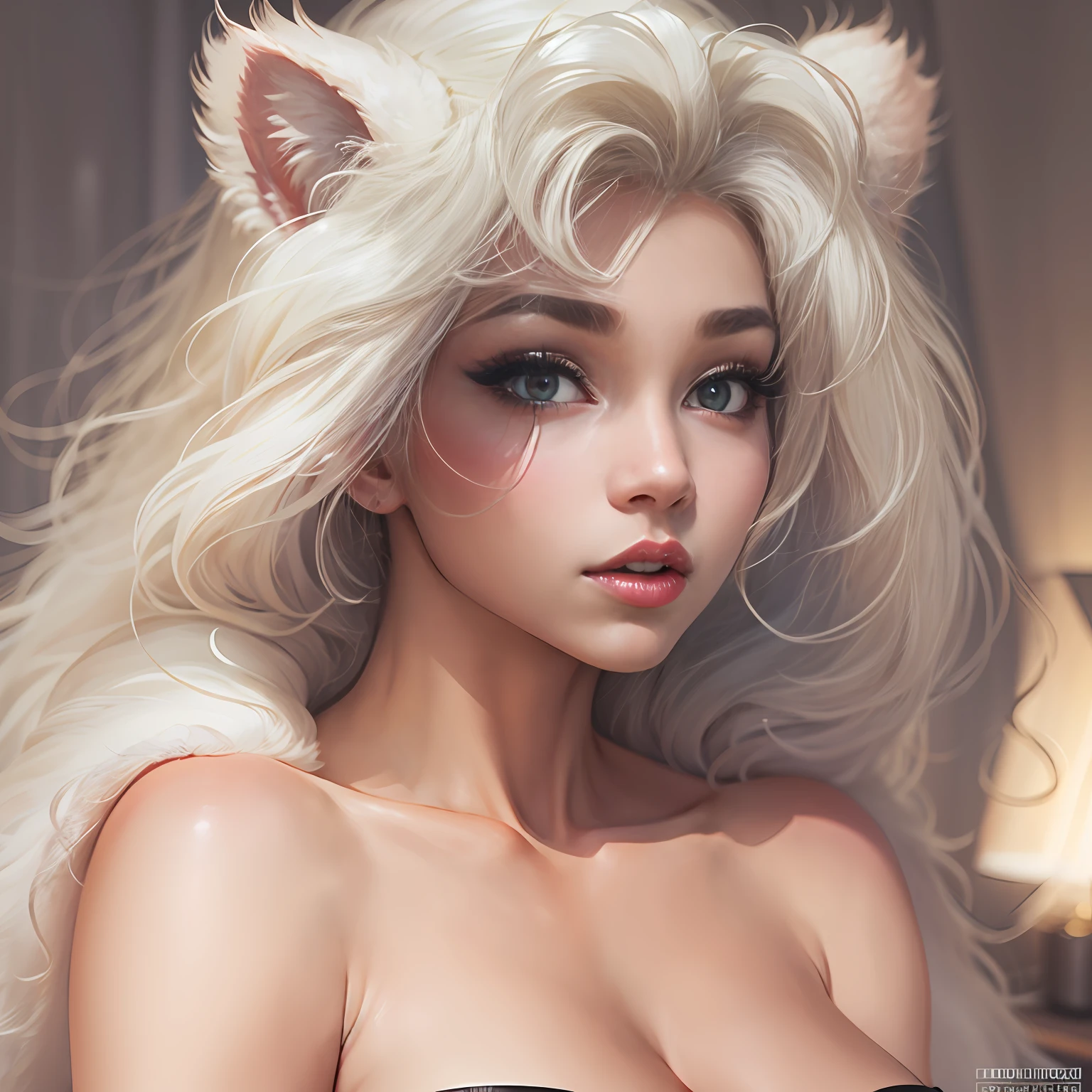 hairy pubic，White fur，hyper cute face，Elements on fur，Glowing T-shirt，Beautiful lights and shadows，ambient lights，Ultra-fine fur，volumettic light，Bigchest，Cocked buttocks，skinny waist and thick hips，Raised sexy，nakeness，The kinky is exposed，Coquettish，Charming，seductiv，succubi，Sexy，Impeccable，the detail，Hold your hands around your chest，nedium breasts，Sexy，Shyness，Ashamed，Tight，