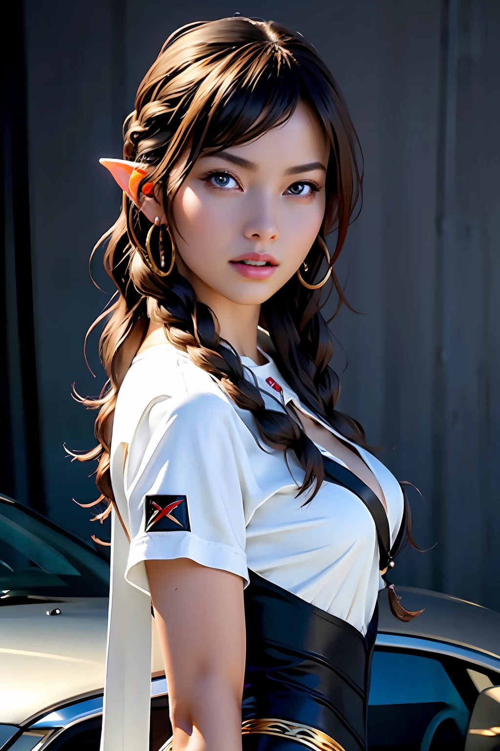 Ultra-detailed complex 3D rendering of face, (Colossal: 8.8), (masterpiece, top quality, octane rendering, 8K), glamour shot full body image, very beautiful young elf, cleavage, (very detailed skin: 1.2), (exposure: 1.1), brown-haired, ((wearing a plummeted open shirt of white silk: 1.10)), beautiful Caucasian woman with black skin with full soft breasts with big buttocks, Single, long braided hair, big breasts, dynamic angle, mystical expression, ultra-realistic photo, (((portrait)))), bare feet, futuristic urban background, facial muscles, detailed and beautiful queen gold crown, in the style of Marvel Comics, ArtStation trends, clear focus, studio photography, intricate details, very detailed, detailed red eyes, very detailed, Sharp Focus, Digital Rendering, Professional, Abs, Dark Grey Background,