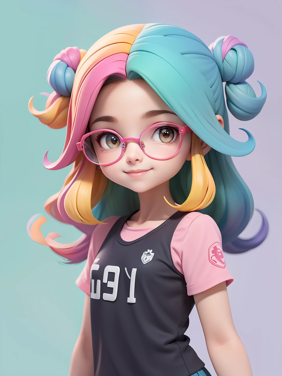 (obra-prima), (melhor qualidade), (ultra-detalhado), (corpo inteiro: 1.2) menina adolescente, eyeglass, leve e detalhado, sorriso claro, corpo inteiro, :3, cabelo multicolor, curto, preso, pavor, moderno, Modern accessories, fundo tom pastel , colorido e simples.
