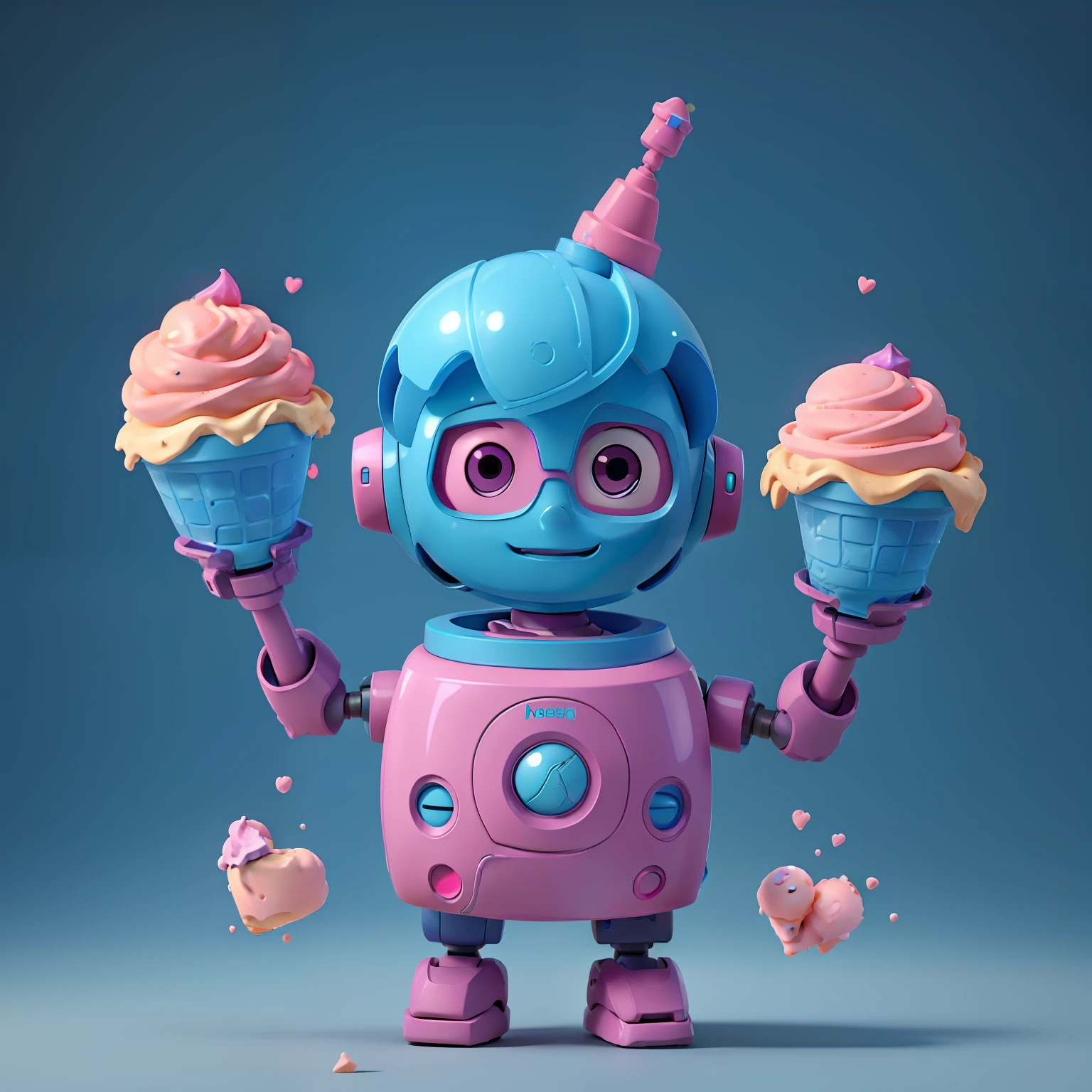 A robot in shades of blue and pink with ice cream on its head