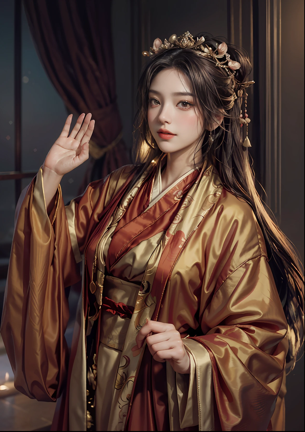 Art depicts a charming woman，Dressed in a flowing manner、Silky traditional oriental dress，orange colors，Decorated with intricate patterns and bright colors。Her dress draped elegantly over her curvy figure，Highlights her seductive silhouette。She stood gracefully in the quiet moonlit night，bathed in the soft glow of the moonlight。The scene exudes an ethereal and dreamy atmosphere，With a touch of mystery and sexiness。The image style incorporates watercolor and digital illustration techniques，It evokes a refined beauty and charm。The lights are filled with soft moonlight，casting soft highlights and shadows on her charming features。Bare thighs，Bigchest
