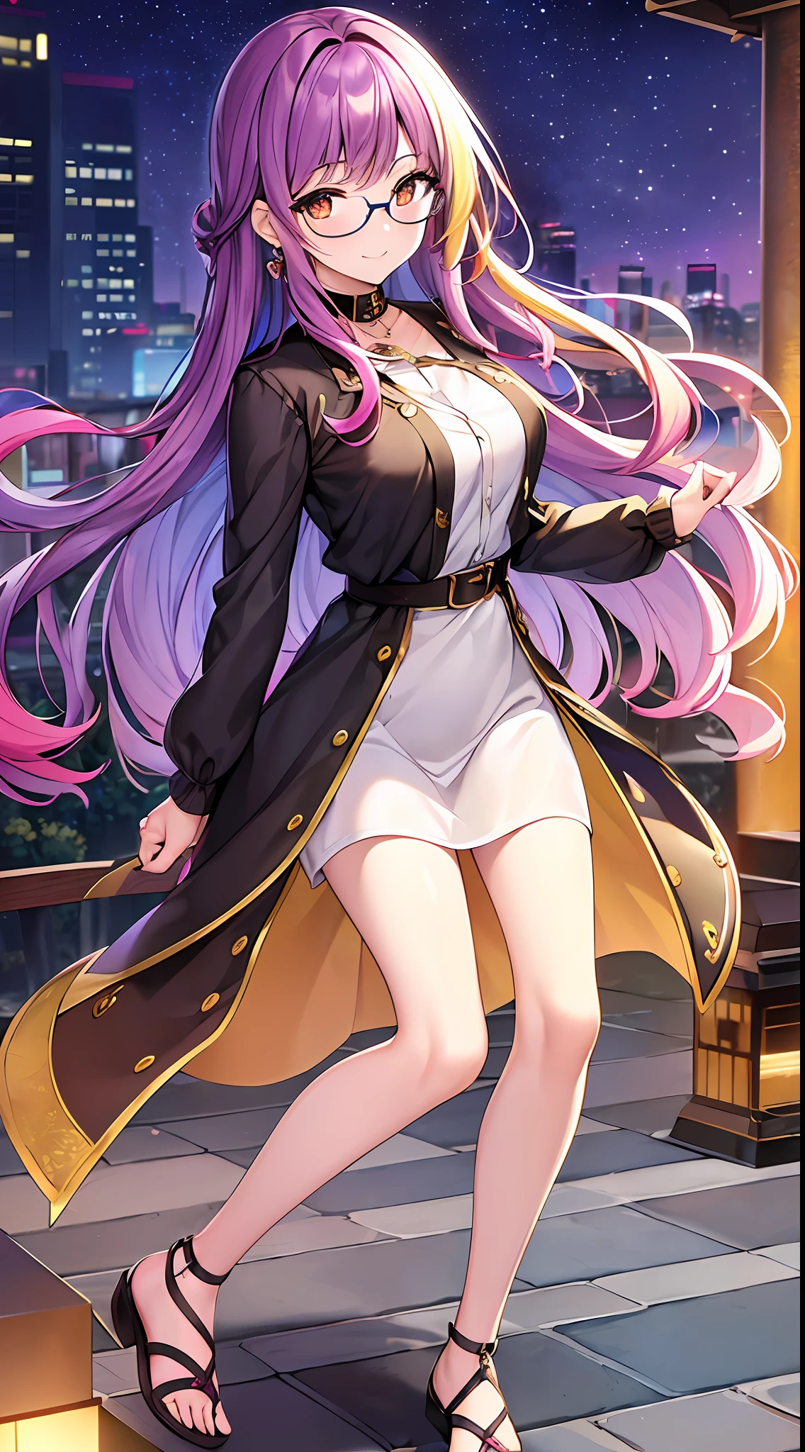 (masterpiece), best quality, expressive eyes, perfect face, 1girl, solo, bluntbangs hair, (illustration: 1.1), (best quality), (beautiful and clear background: 1.25), (extremely detailed CG unity 8k wallpaper: 1.1), (colorful: 0.9), (depth of field: 0.75),
(detailed eyes: 1.4), golden eyes, (multicolored hair: 1.2), purple hair, bright eyes, multi line in hair, glasses, long hair
(purple shirtdress: 1.4),collar, earrings, sandals,
looking_at_viewer, smile, park, outdoor, night, detailed night lamp, close up,