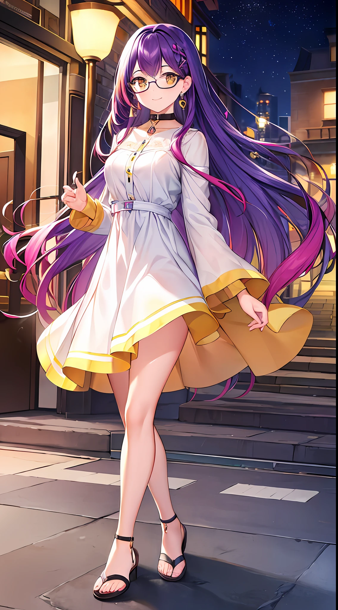 (masterpiece), best quality, expressive eyes, perfect face, 1girl, solo, bluntbangs hair, (illustration: 1.1), (best quality), (beautiful and clear background: 1.25), (extremely detailed CG unity 8k wallpaper: 1.1), (colorful: 0.9), (depth of field: 0.75), 
(detailed eyes: 1.4), golden eyes, (multicolored hair: 1.2), purple hair, bright eyes, multi line in hair, glasses, long hair
(purple shirtdress: 1.4),collar, earrings, sandals,
looking_at_viewer, smile, park, outdoor, night, detailed night lamp, close up,