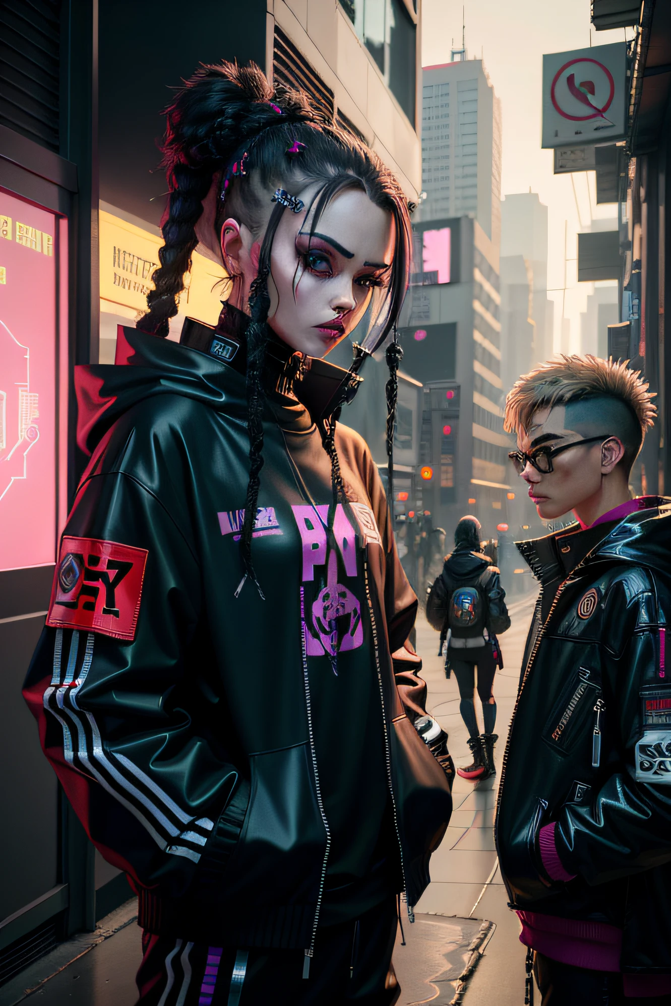 They were two people standing on the sidewalk of the city, cyberpunk streetwear, wearing cyberpunk streetwear, Hyper-realistic cyberpunk style, cyberpunk high fashion, cyberpunk fashion, cyberpunk techwear, Cyberpunk clothes, cyber punk style, Cyberpunk Style, cyberpunk fashion clothes, cyberpunk wearing, Cyberpunk costumes, at cyberpunk city, has cyberpunk style, muted cyberpunk style, Cyberpunk art style