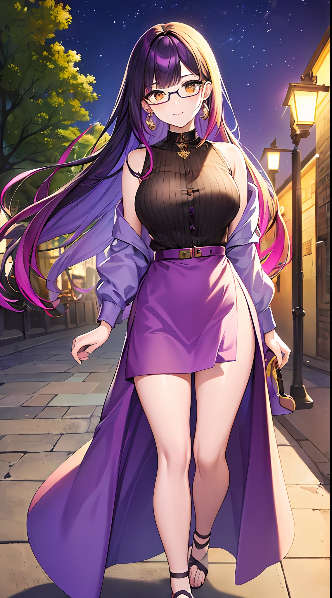 (masterpiece), best quality, expressive eyes, perfect face, 1girl, solo, bluntbangs hair, (illustration: 1.1), (best quality), (beautiful and clear background: 1.25), (extremely detailed CG unity 8k wallpaper: 1.1), (colorful: 0.9), (depth of field: 0.75),
(detailed eyes: 1.4), golden eyes, (multicolored hair: 1.2), purple hair, bright eyes, multi line in hair, glasses, long hair
(purple shirtdress: 1.4),collar, earrings, sandals,
looking_at_viewer, smile, park, outdoor, night, detailed night lamp, close up,