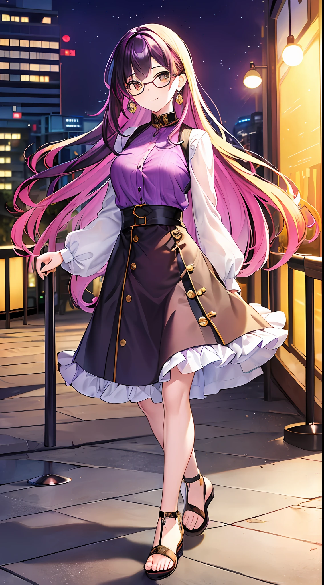 (masterpiece), best quality, expressive eyes, perfect face, 1girl, solo, bluntbangs hair, (illustration: 1.1), (best quality), (beautiful and clear background: 1.25), (extremely detailed CG unity 8k wallpaper: 1.1), (colorful: 0.9), (depth of field: 0.75), 
(detailed eyes: 1.4), golden eyes, (multicolored hair: 1.2), purple hair, bright eyes, multi line in hair, glasses, long hair
(purple shirtdress: 1.4),collar, earrings, sandals,
looking_at_viewer, smile, park, outdoor, night, detailed night lamp, close up,