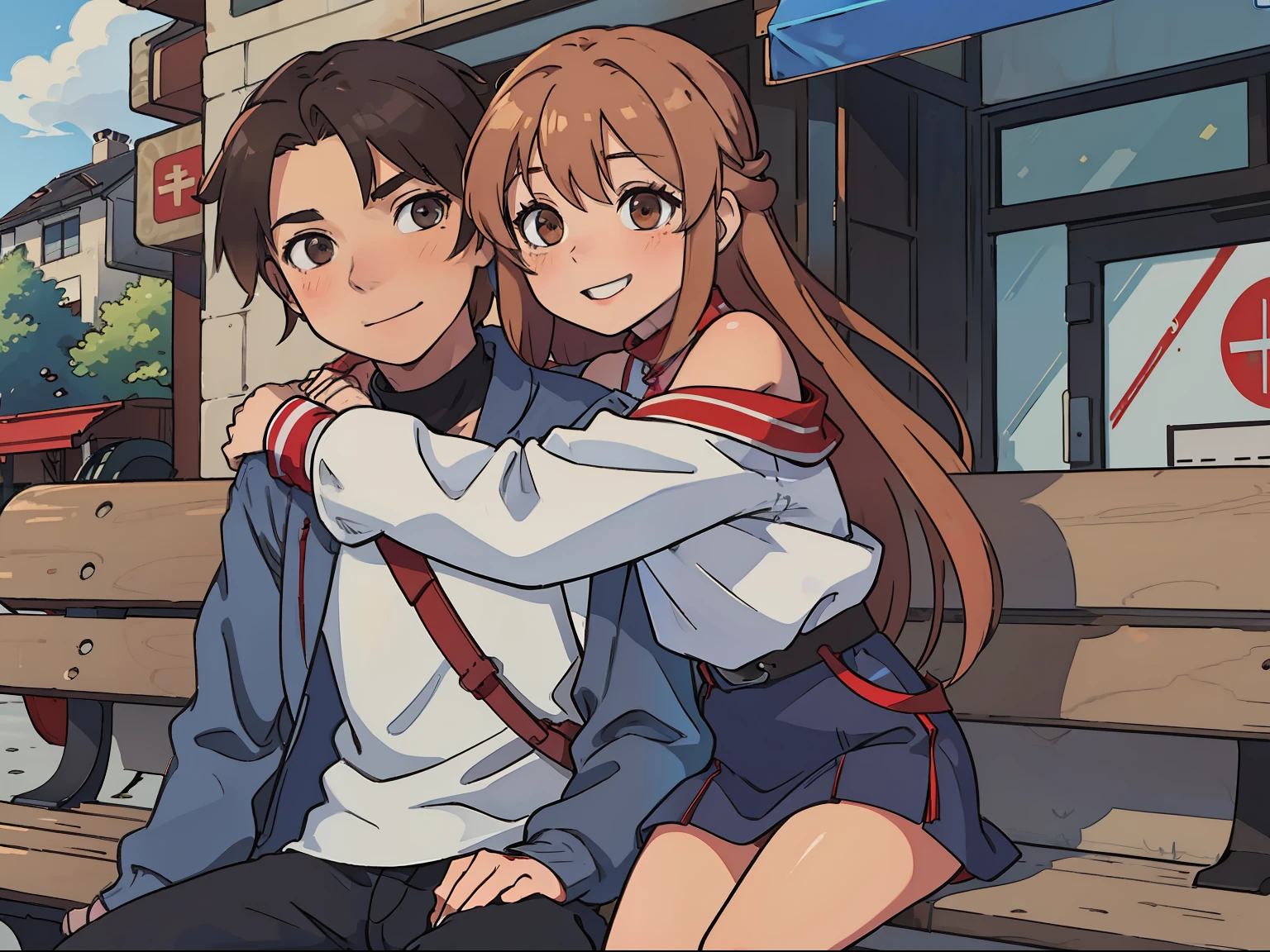 (Asuna1 sitting beside Boy1 hugging), (Asuna1, female, long blond hair, brown eyes, blue off-shoulder turtleneck top, red short skirt, white sandals, smiling, blushing), (Boy1, male, short red brushed-up hair, red bandanna, brown eyes, black leather jacket, blue jeans, smiling), hugging each other, city sidewalk bench