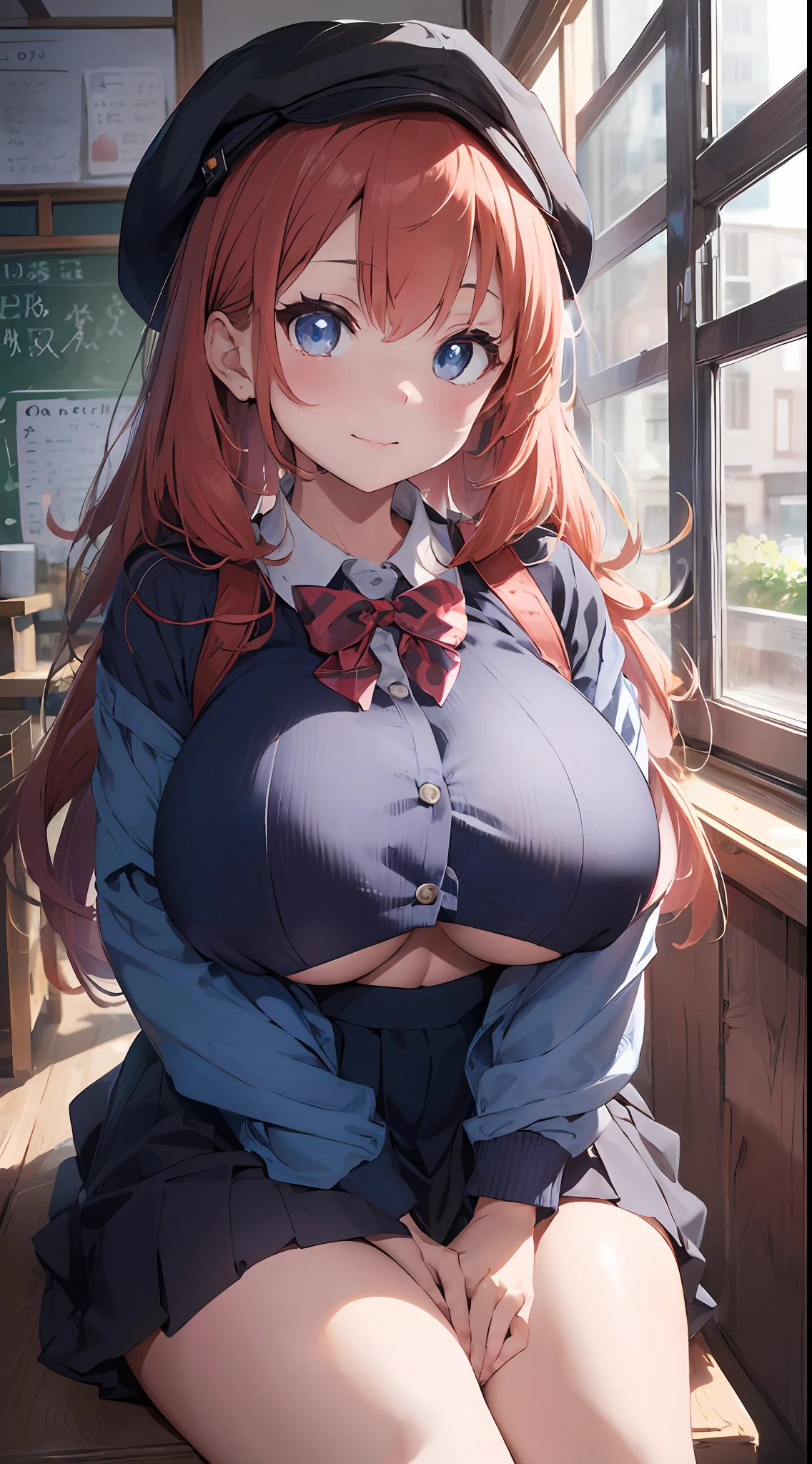 Masterpiece to the smallest detail、top-quality、1girl in、独奏、 student、170cm、hi-school girl、Model body type、perfectbody、 (((huge gigantic soft natural boobs:1.4))), Breasts so big that they hang on the floor、130 cm breast、XCup milk、Realistic nipples、Extraordinary Beauty、Hair with silky texture、12-year-old baby face、red hairs、Gradient Bob Forward、Two-color mesh、Beautiful eyes、Realistic pupils、Tall, big eyes、Outstanding looks、A lovely child、proximity、closed_mouth、a smile、red blush、full of shyness、blue headwear、Hats、pink bowtie、校服、 Blue jacket、jaket、skirt by the、Gray skirt shirt、white shirt、an legs、Black socks、sitting on、Classroom、hair_ornament、looking_at_viewer、beatiful detailed eyes、Akame、panties on、Professional effects、Charming gestures、
