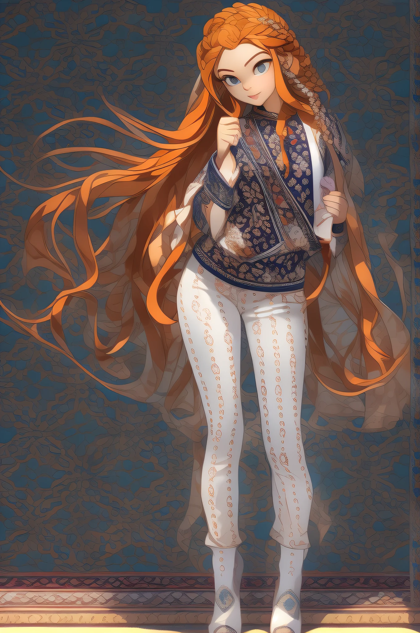 (masterpiece), best quality, expressive eyes, perfect face, teenager, perfect shadow, 60-30-10 color rule, 3/4 body, perfect detailed face, perfect detailed eyes, perfect eyes, delicate face, catchlight effects, long ginger hair, braids, patterned clothing, niji style, intricate, insanely detailed, photorealistic, vray tracing, HDR, 32k