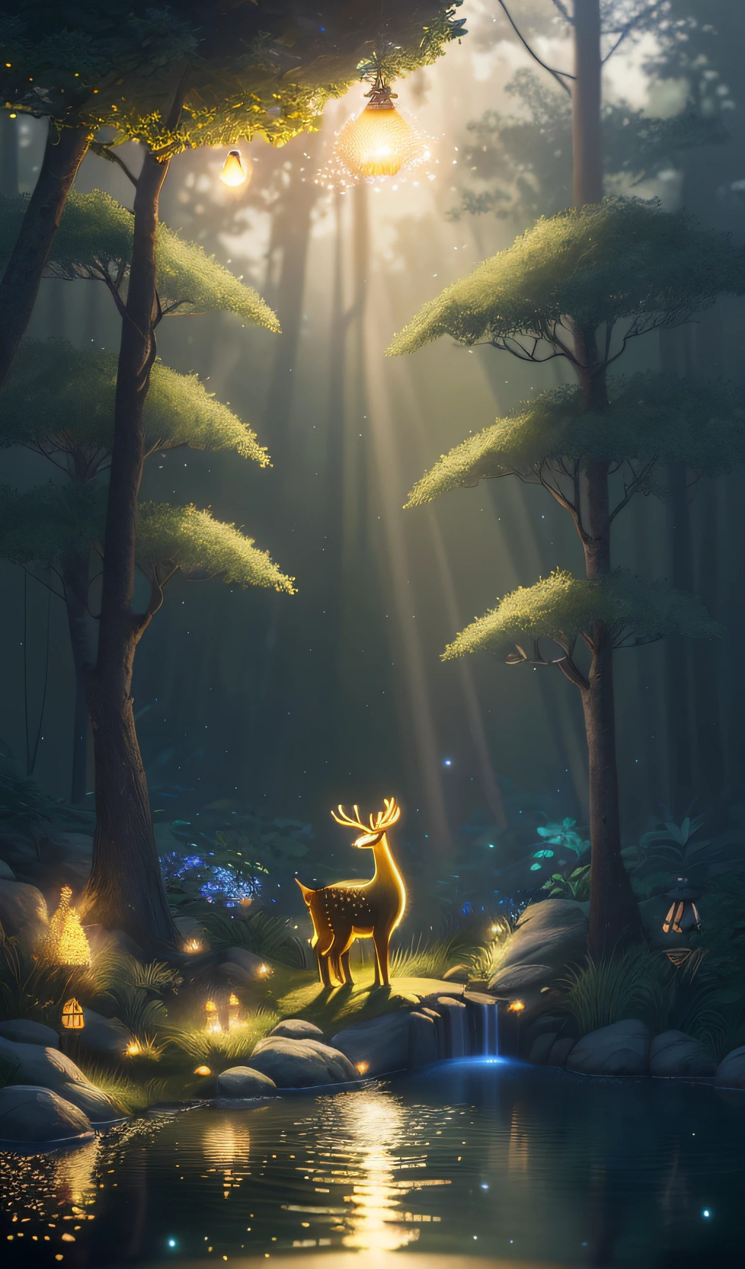 Masterpiece, best quality, (very detailed CG unity 8k wallpaper), (best quality), (best illustration), (best shadows), glow sprite, with a glowing deer, in the swimming pool Drinking water, natural elements in the forest theme. Mysterious forest, beautiful forest, nature, surrounded by flowers, delicate leaves and branches surrounded by fireflies (natural elements), (jungle theme), (leaves), (twigs), (fireflies), (particle effects) etc. 3D , Octane rendering, ray tracing, super detailed