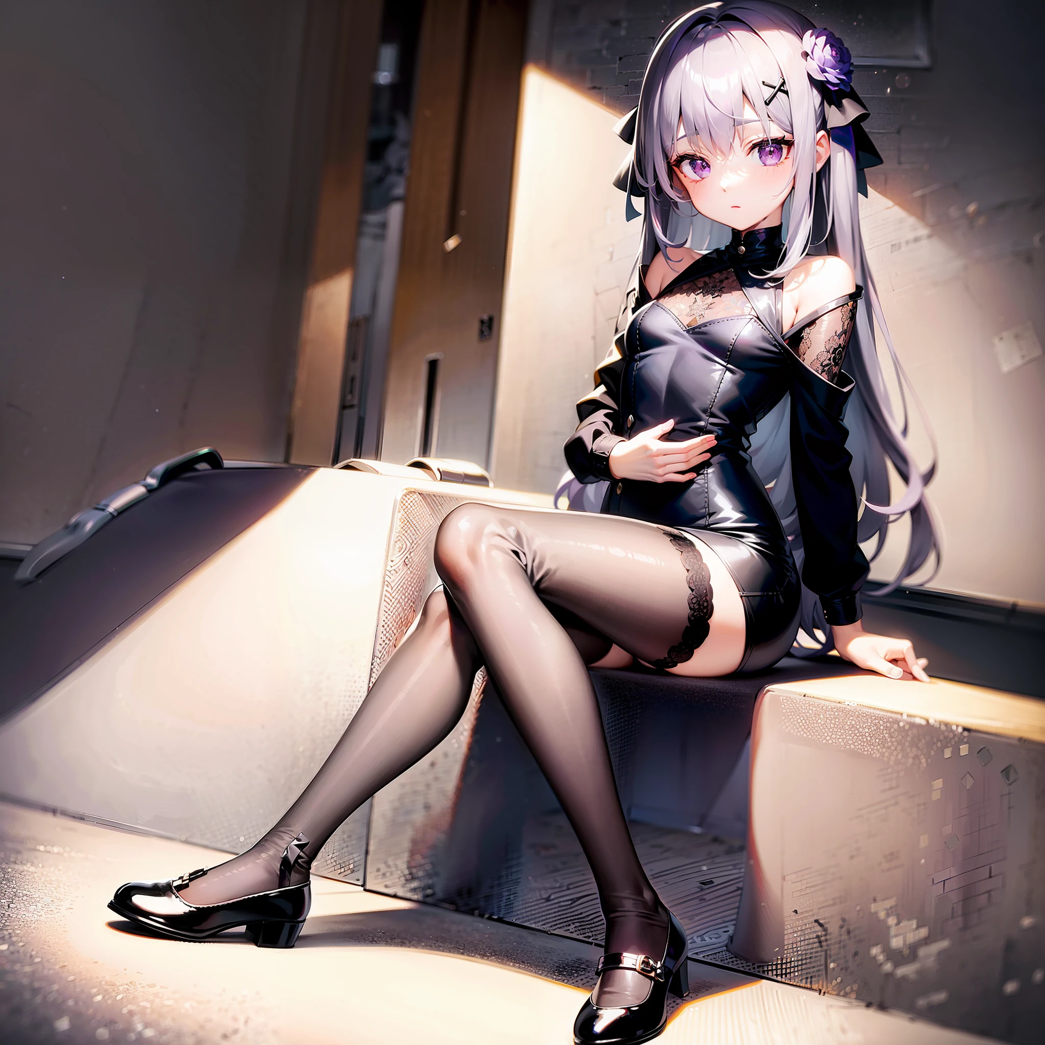 1girll,Gray hair,Purple flower hair ornaments,black lence stockings,Small black leather shoes,Sit upright in a chair,janelas