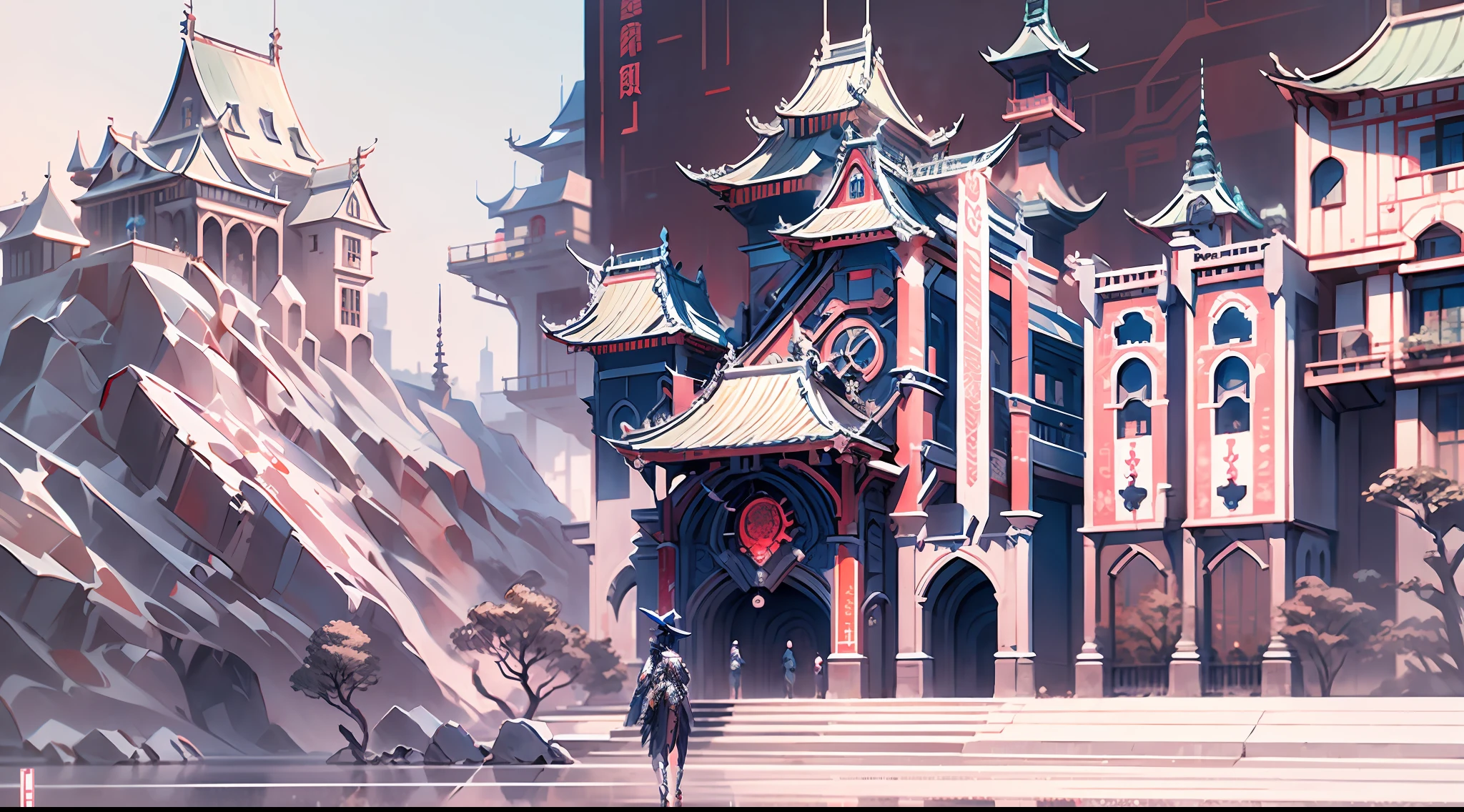 （A castle is suspended in the air:1.3），cyber punk，chinesestyle，in a panoramic view，（high qulity，high detal，number art，Perfect artwork，3D，8K），（white backgrounid：1.5）