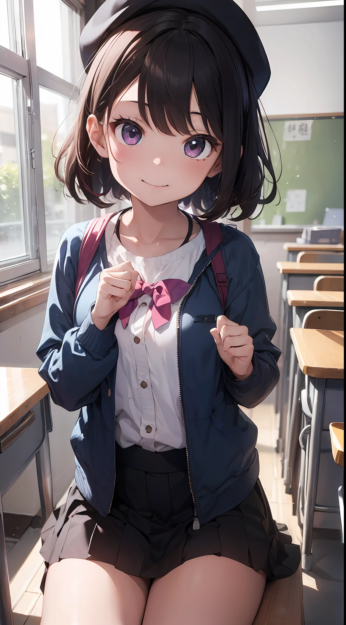 Masterpiece to the smallest detail、top-quality、1girl in、独奏、Looks like 5 years old、140cm petite beautiful girl、small tits、5 year old baby face、red hairs、Gradient bob in the forward、Pink and violet mesh、Tall, big eyes、Outstanding looks、A lovely child、proximity、closed_mouth、a smile、red blush、full of shyness、blue headwear、Hats、pink bowtie、校服、 Blue jacket、jaket、skirt by the、Gray skirt shirt、white shirt、an legs、Black socks、sitting on、Classroom、hair_ornament、looking_at_viewer、beatiful detailed eyes、Akame、panties on、lift up one's skirt、Professional effects、
