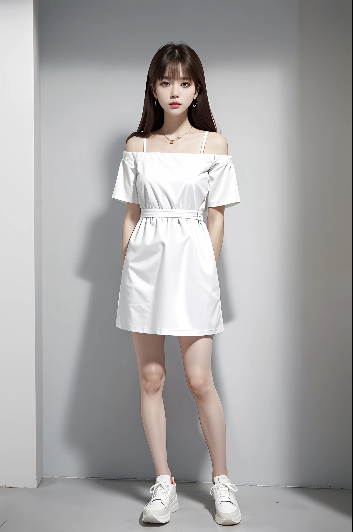 Full body photo，white short sleeve，Pink slip dress，(tmasterpiece:1.4),(best qualtiy:1.4), ，Plain white background，Plain white background，Plain white background，, Extremely delicate and beautiful eyes and face, 1girll, are standing, Clothing model, Shot, brunette color hair, Look at the audience, 独奏, White sneakers, red color eyes, long whitr hair, , bluntbangs, CG, Unified 8K resolution