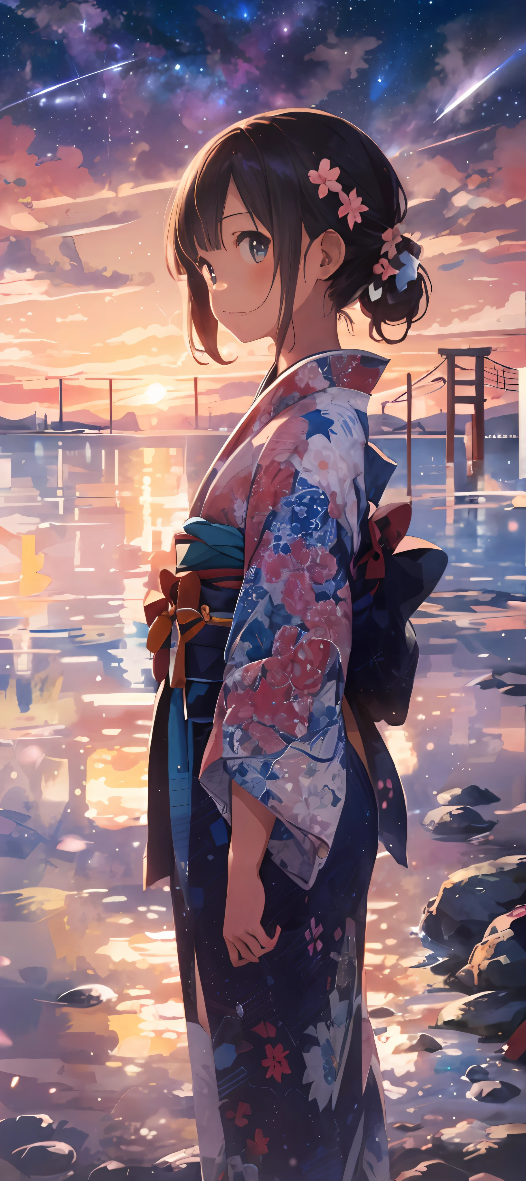 1girl, a distant girl kiss girl in a kimono gazing at the stars, (zoomed: 1.1), (meteor shower: 1.2), (comet: 1.1), your name, low angle, from behind, Northern Lights, meteors, yukata, red kimono, cherry blossoms, standing in the field, best quality, masterpiece, clouds, colorful, starry, stars,