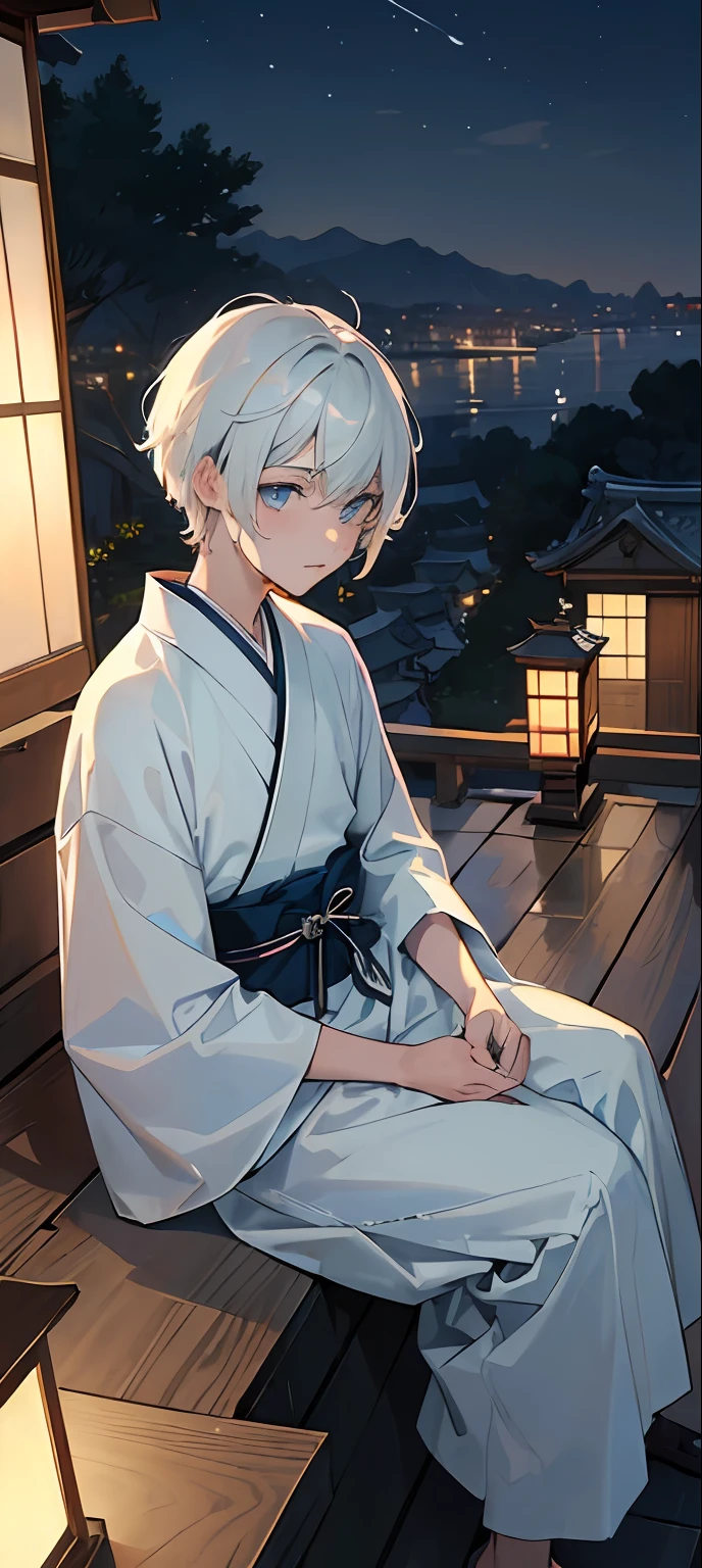 ((masterpiece:1.3, best quality:1.4)), delicate mature gentleman,1boy with short white hair, spiky hair, light blue eyes, traditional japanese dress, mini king crown, ((sitting near building's ledge)), rooftop, city view, seaside city, incredible view, ((nighttime)), city lights, sparkling, ((small traditional japanese village)), autumn leaves in the air, autumn season, stars night sky, forest in the distance, {{front view}},