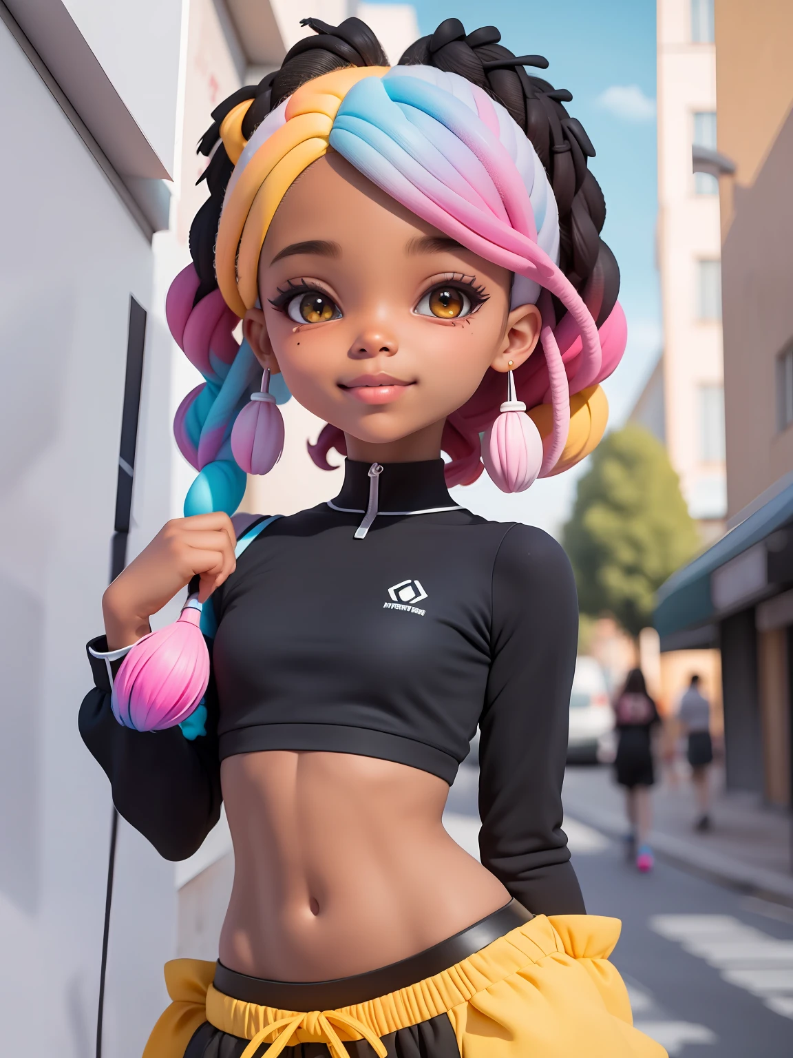 (obra-prima), (melhor qualidade), (ultra-detalhado), (corpo inteiro: 1.2) loli menina negra, street urban, sorriso claro, corpo inteiro, :3, cabelo multicolor, curto, preso, pavor, moderno, Modern accessories, fundo tom pastel , colorido e simples.