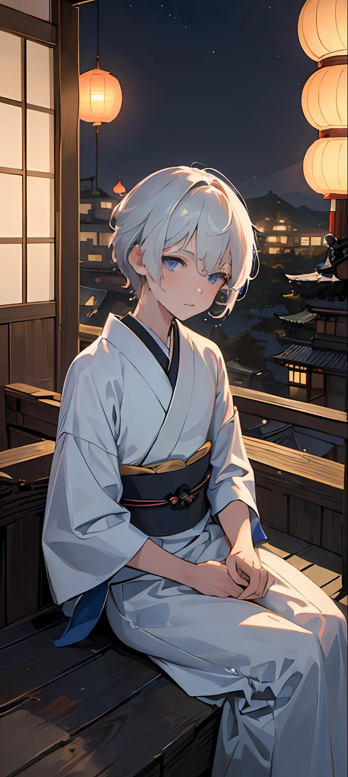 ((masterpiece:1.3, best quality:1.4)), delicate mature gentleman,1boy with short white hair, spiky hair, light blue eyes, traditional japanese dress, mini king crown, ((sitting near building's ledge)), rooftop, city view, seaside city, incredible view, ((nighttime)), city lights, sparkling, ((small traditional japanese village)), autumn leaves in the air, autumn season, stars night sky, forest in the distance, {{front view}},