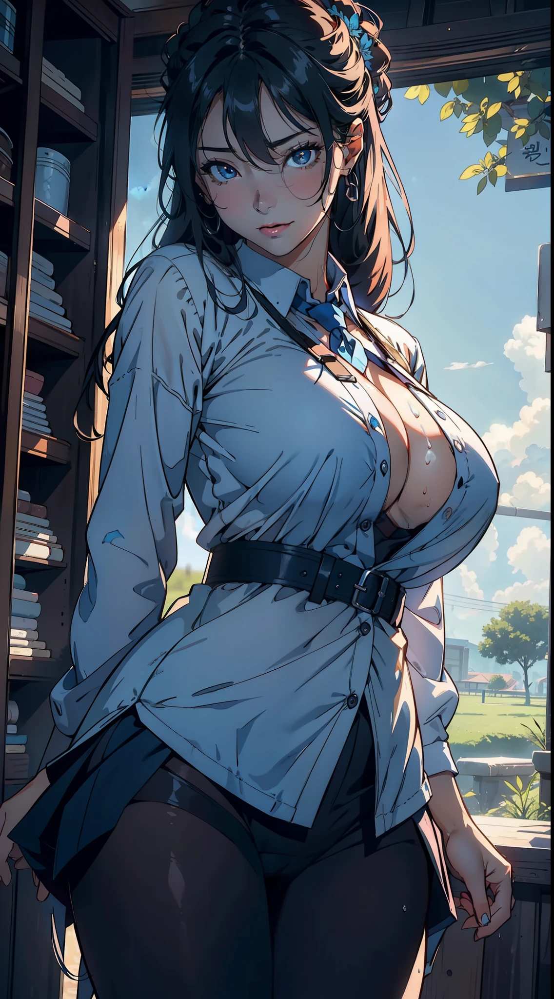 1female,aged 40,Huge breasts,Pornographic exposure, 独奏,(Background with:large grassland),Wearing a high school girl's uniform,Head flower, She has long flowing hair, standing on your feet,Sweat profusely,drenched all over the body,,blue color eyes,frontage,Blue straight hair, curlies,mostly cloudy sky,(((tmasterpiece),(Very detailed CG unity 8K wallpaper),best qualtiy,cinmatic lighting,detailed back ground,beatiful detailed eyes,Bright pupils,(Very fine and beautiful),(Beautiful and detailed eye description),ultra - detailed,tmasterpiece,)),facing at camera,A high resolution,ultra - detailed),熟妇,mature,revealing breasts,facing at camera,Flushed complexion,Orgasmic face,Pornographic exposure,Protruding underparts,Camel toes,with no underpants,legs are open,frontage