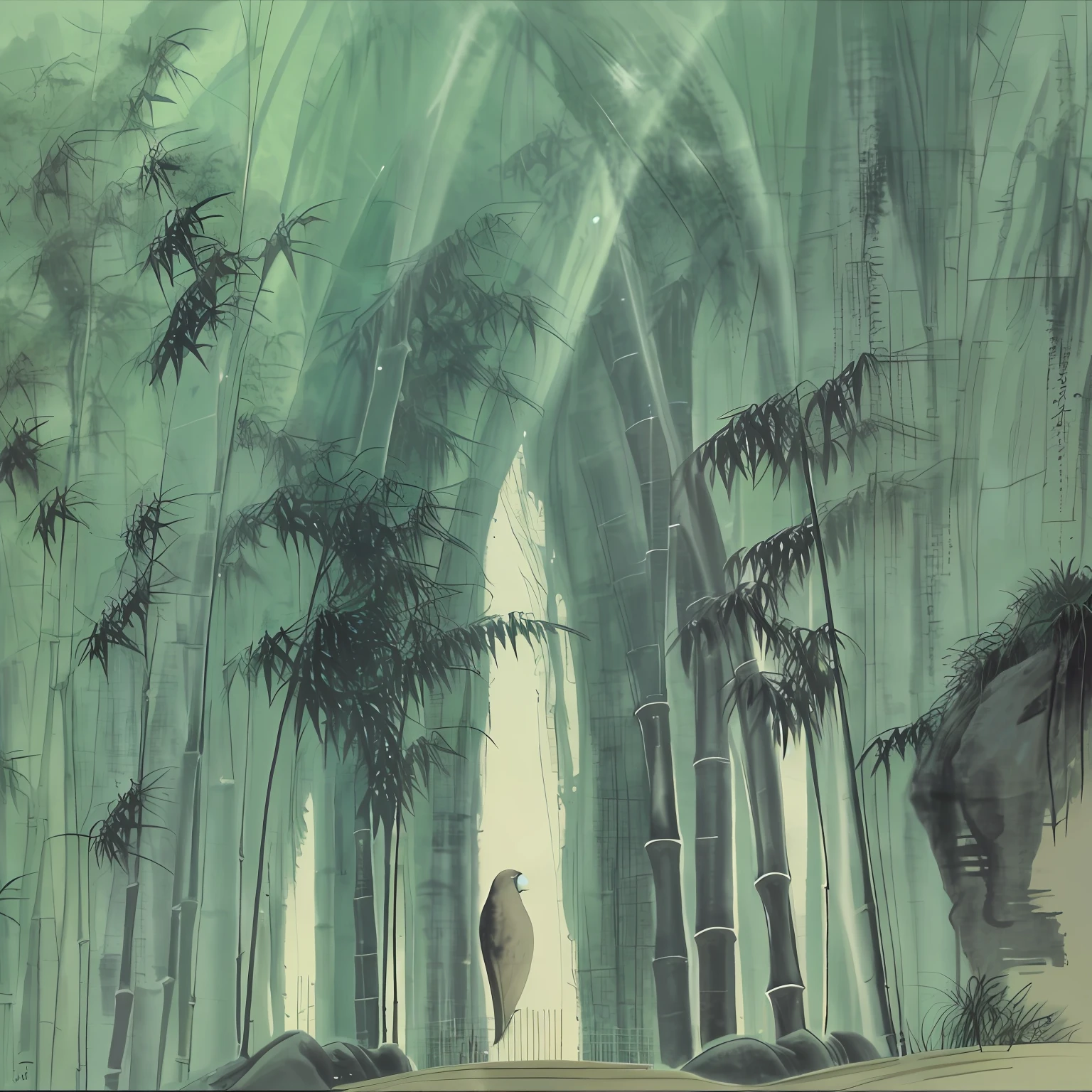 "There is no one on the stone table in the bamboo forest,The bamboo flute is laid horizontally。"