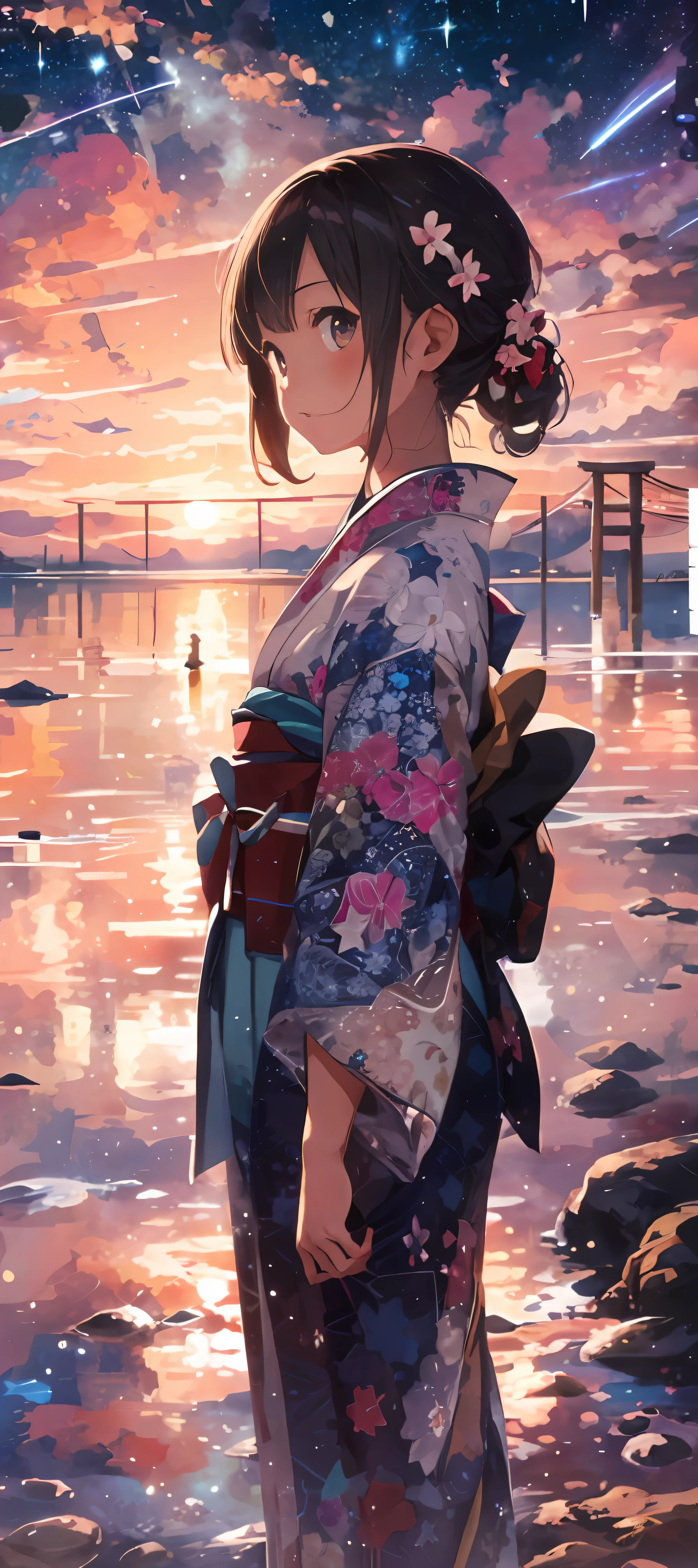 1girl, a distant girl kiss girl in a kimono gazing at the stars, (zoomed: 1.1), (meteor shower: 1.2), (comet: 1.1), your name, low angle, from behind, Northern Lights, meteors, yukata, red kimono, cherry blossoms, standing in the field, best quality, masterpiece, clouds, colorful, starry, stars,