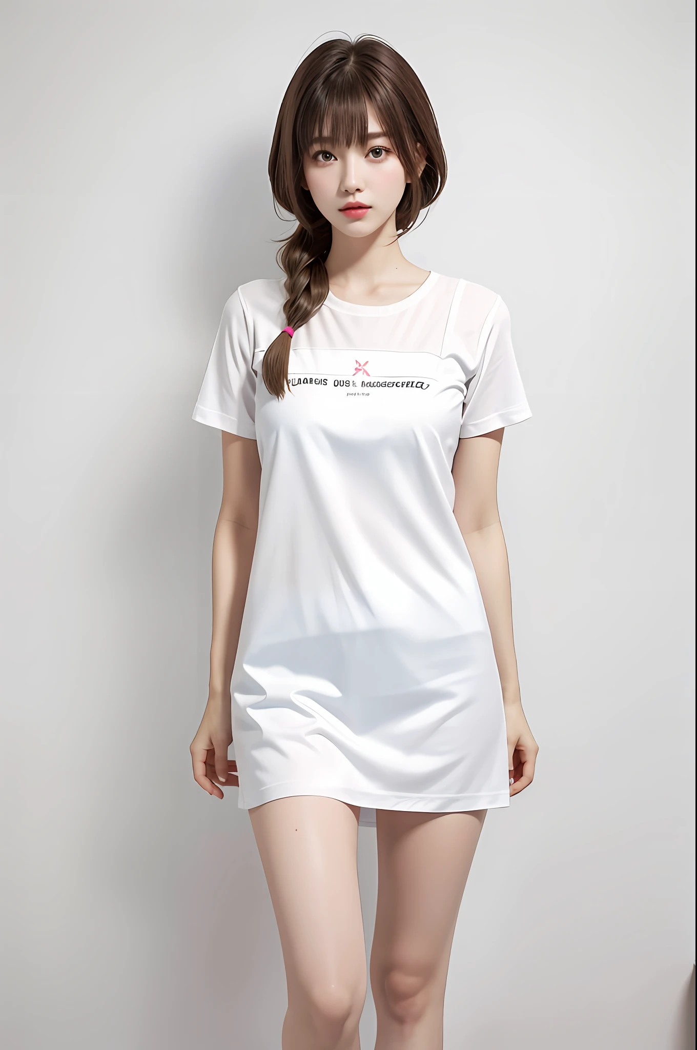 Full body photo,white short sleeve,Pink slip dress,(tmasterpiece:1.4),(best qualtiy:1.4), ,Plain white background,Plain white background,Plain white background,, Extremely delicate and beautiful eyes and face, 1girll, are standing, Clothing model, Shot, brunette color hair, Look at the audience, 独奏, White sneakers, red color eyes, long whitr hair, , bluntbangs, CG, Unified 8K resolution