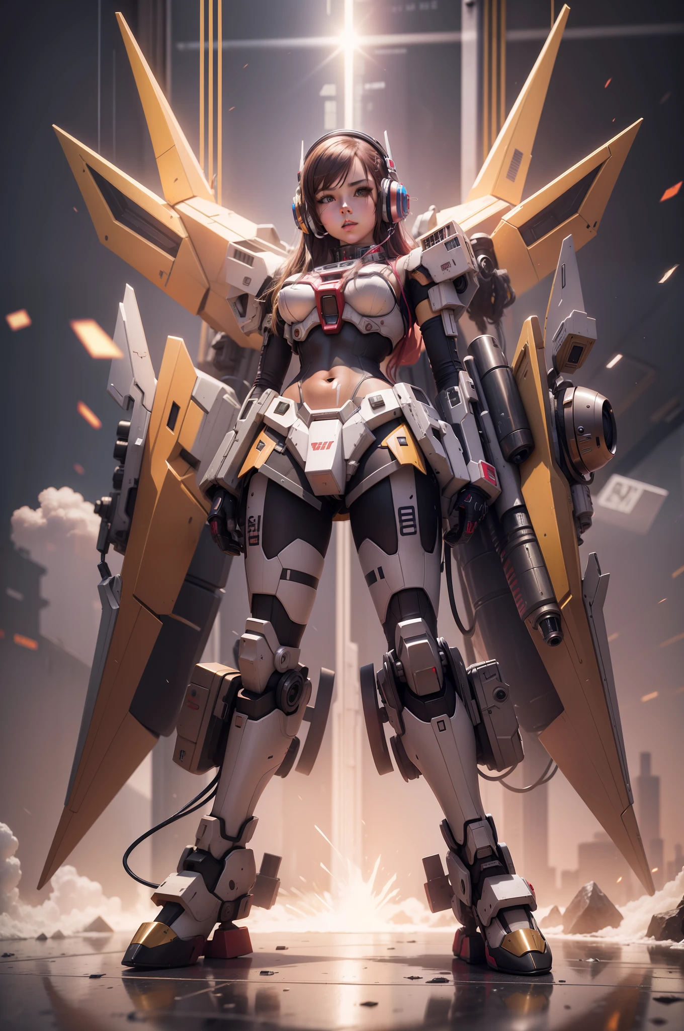 Girl, 3d, slim, Gundam, headphone, realistic, cyberpunk, metal, iron, chroome