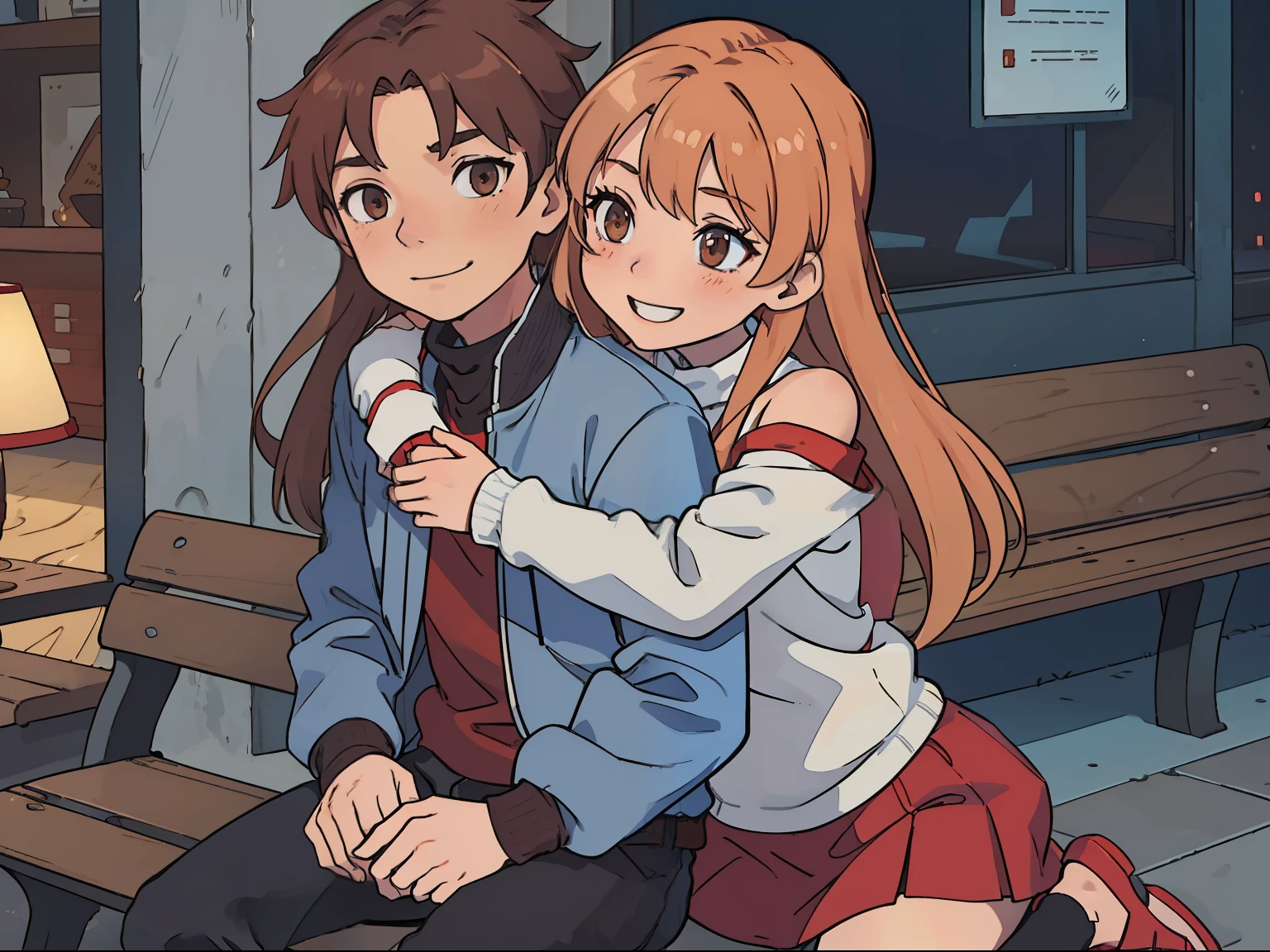 (Asuna1 sitting beside Boy1 hugging from back), (Asuna1, female, long blond hair, brown eyes, blue off-shoulder turtleneck top, red short skirt, white sandals, smiling, blushing), (Boy1, male, short red brushed-up hair, red bandanna, brown eyes, black leather jacket, blue jeans, smiling), hugging from back, city sidewalk bench