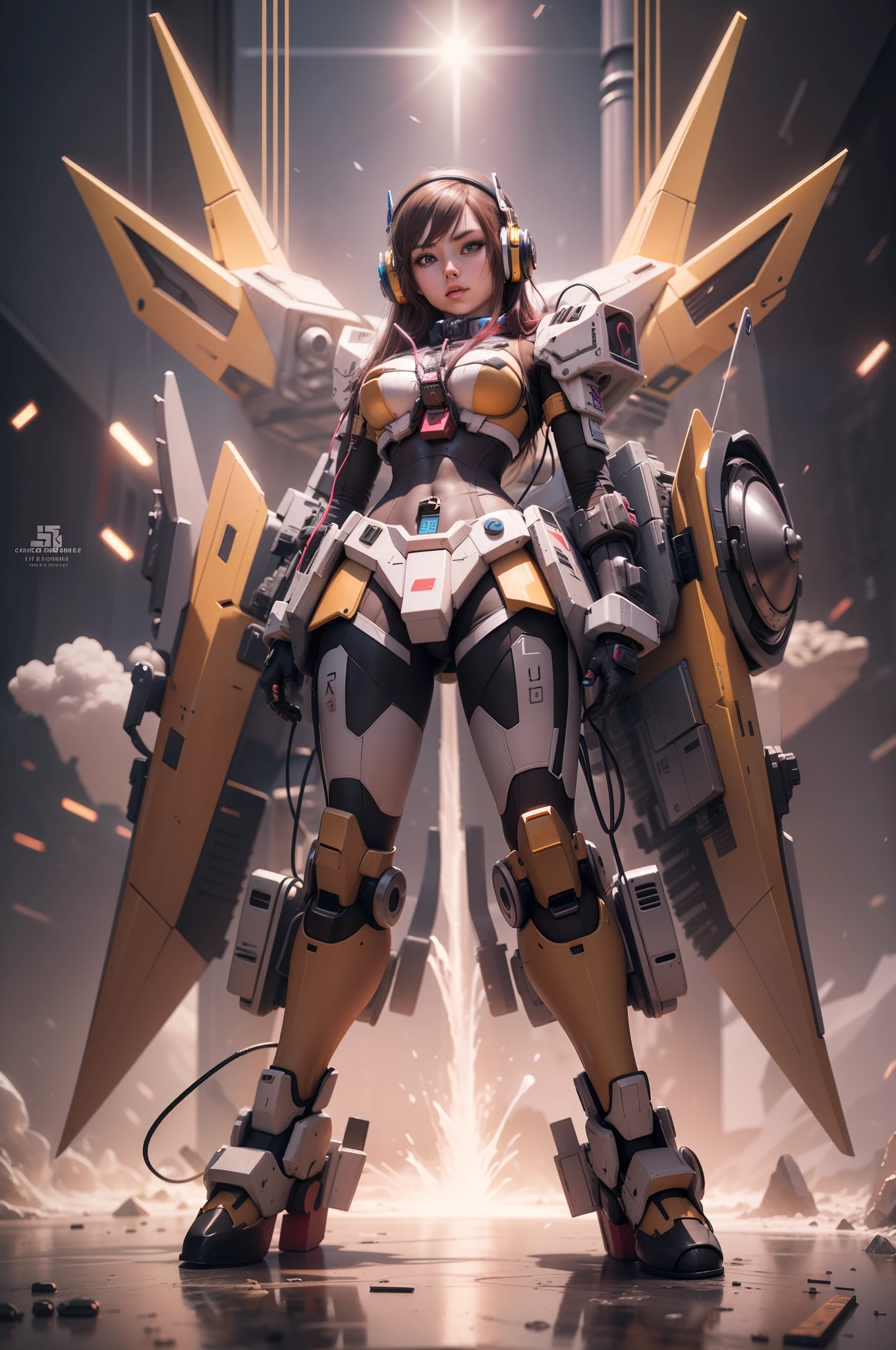 Girl, 3d, slim, Gundam, headphone, realistic, cyberpunk, metal, iron, chroome
