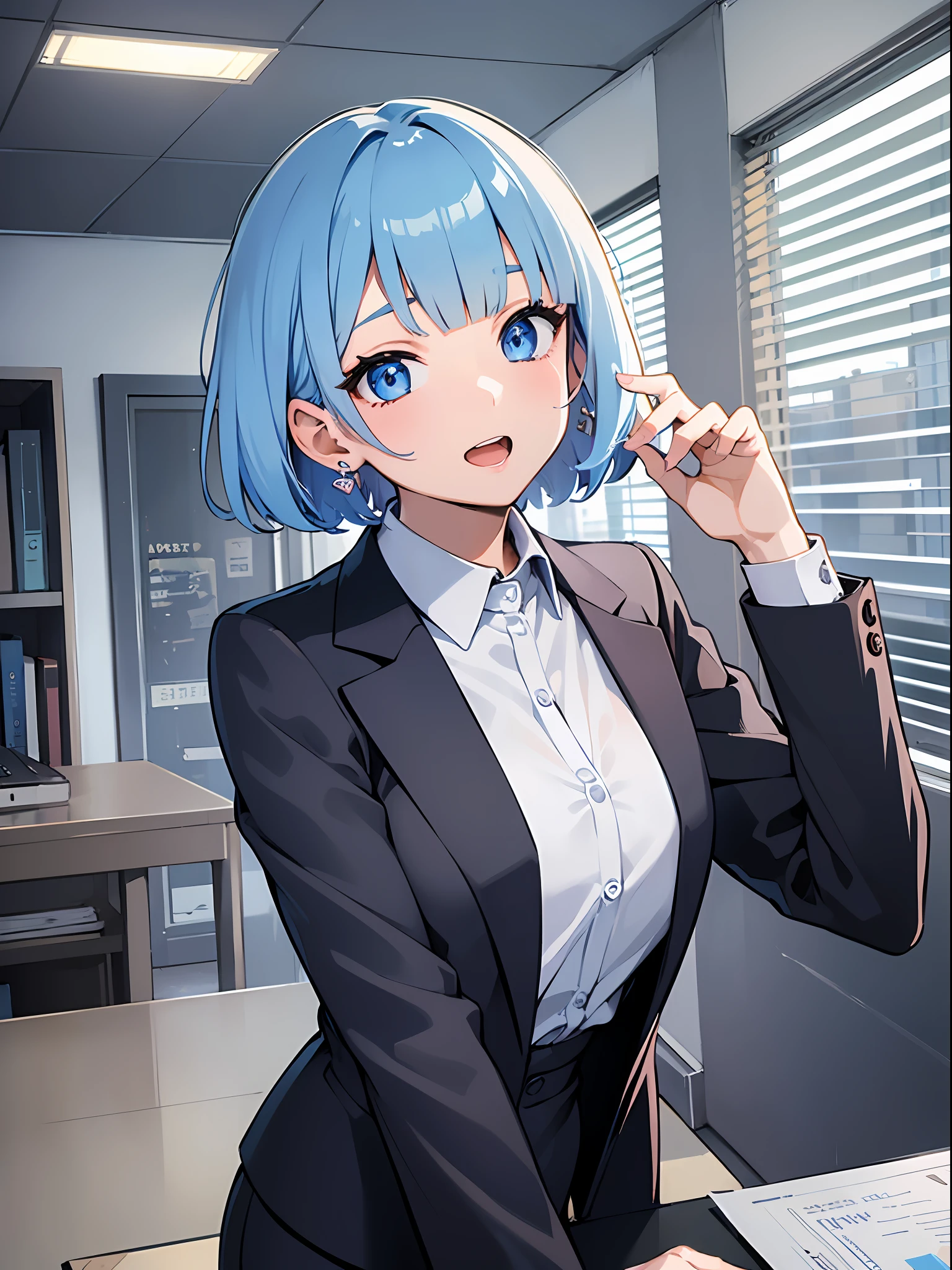 (masterpiece:1.3), (best quality:1.3), high resolution, 


couboy shot, 
leaning forward, body facing forward, 

(one cute girl:1.3), solo, 
white skin, small Breast, eight-headed person, 
light blue hair, (bobbed hair:1.2), (short hair:1.1), (blunt bangs:1.2), beautiful hair, blue eyes, beautiful detailed eyes, 

open mouth, heart, cheerful smile, 

black jacket, white shirt, business suit, pencil skirt, earrings, 

indoors, office, 

shadowlighting,