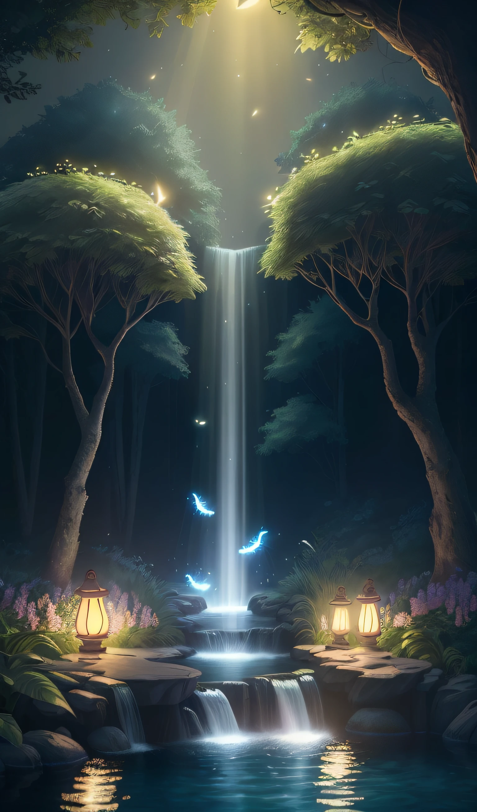 Masterpiece, best quality, (very detailed CG unity 8k wallpaper), (best quality), (best illustration), (best shadows), glow sprite, with a glowing deer, in the swimming pool Drinking water, natural elements in the forest theme. Mysterious forest, beautiful forest, nature, surrounded by flowers, delicate leaves and branches surrounded by fireflies (natural elements), (jungle theme), (leaves), (twigs), (fireflies), (particle effects) etc. 3D , Octane rendering, ray tracing, super detailed