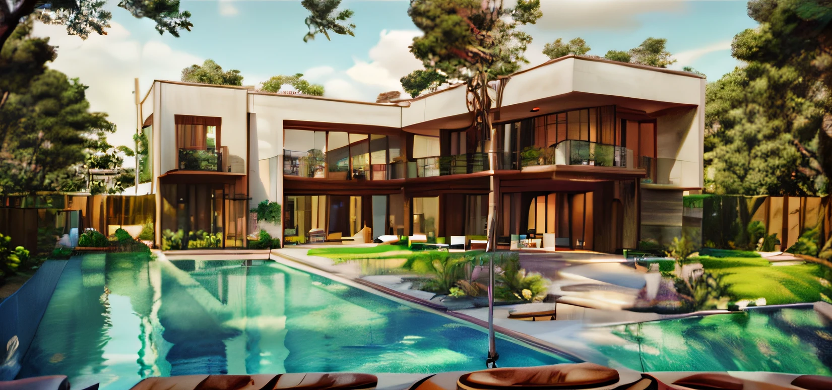modern house with a swimming pool , high resolution, natural materials, architecture photographic, 35 mm, realism, minimalism, sunny day,