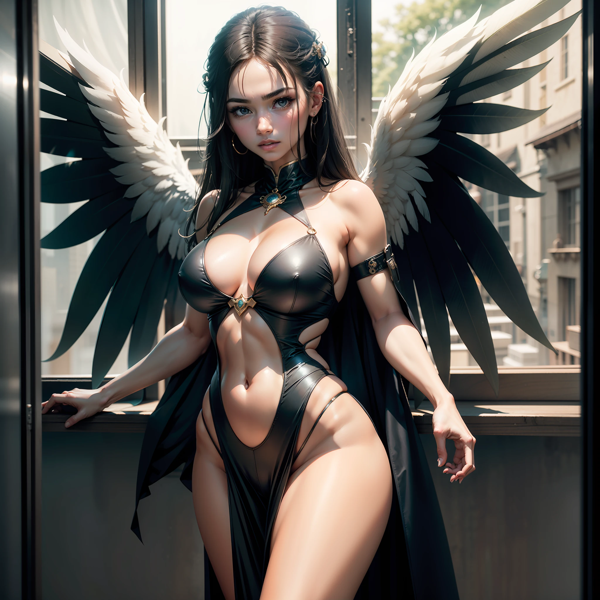 darkly，（Gray and dark style：1.1），，A female angel，The beam wrapped around his body，Her huge feathered wings spread，There is a golden halo on the head，musculous，femminine，tmasterpiece，best qualtiy，complexdetails，absurderes，highdetailRAWcolorphoto，highly  detailed，glaring lights，cinmatic lighting，Detailed eyes，Clear pupils，Contrast，textureskin，Cold skin pores， hard light， gigapixel， visible to the feet， Flawless face， 8K分辨率， big breasts beautiful， cinematic ligh， ellegance， hyper realisitc， rendering by octane， unreality， High- sharpness， 8K分辨率， highly  detailed， 8K  UHD， profesional lighting， photon maping， Radio City， physically-based renderingt， s the perfect face， Detailed face and body， Award-winning photography， detailed face with， The light from the back window is backlighted， hyper realisitc， Ray traching， Strong gaze， cinmatic lighting，White translucent clothing，The areola is pronounced，Protruding nipple tips