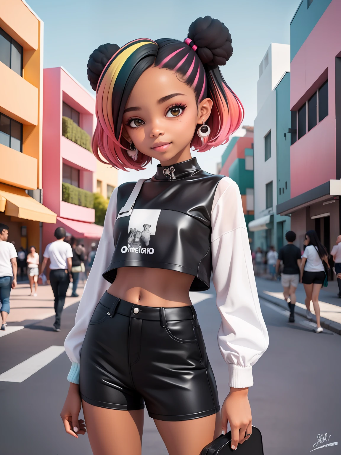 (obra-prima), (melhor qualidade), (ultra-detalhado), (corpo inteiro: 1.2) loli menina negra, street urban, sorriso claro, corpo inteiro, :3, cabelo multicolor, curto, preso, pavor, moderno, Modern accessories, fundo tom pastel , colorido e simples.