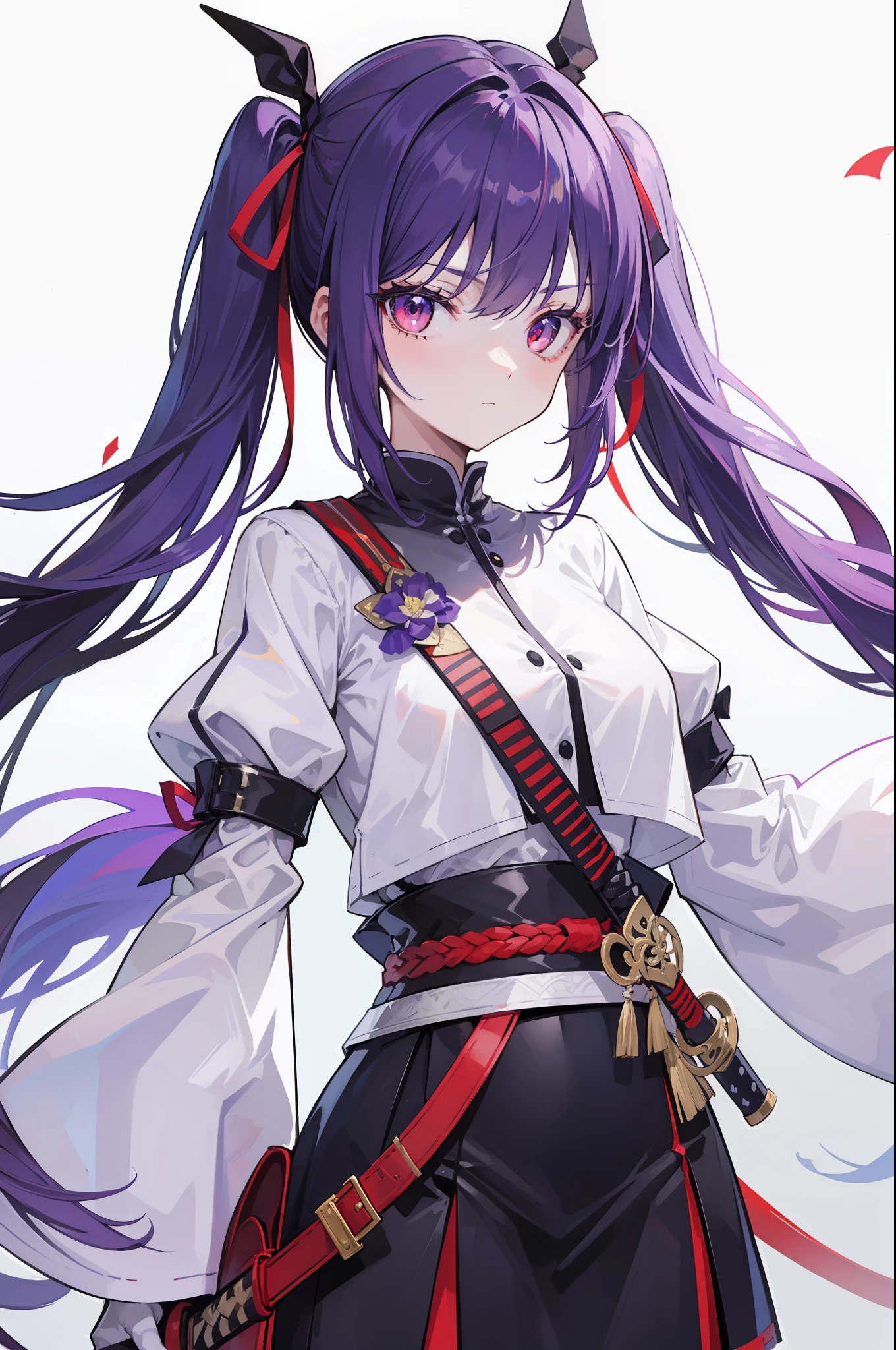 girl, bangs, detached_sleeves, hair_ribbon, holding, holding_sword, holding_weapon, katana, long_hair, looking_at_viewer, purple_hair, red_eyes, ribbon, scabbard, sheath, sheathed, simple_background, solo, sword, twintails, unsheathing, upper_body, weapon, white_background, wide_sleeves