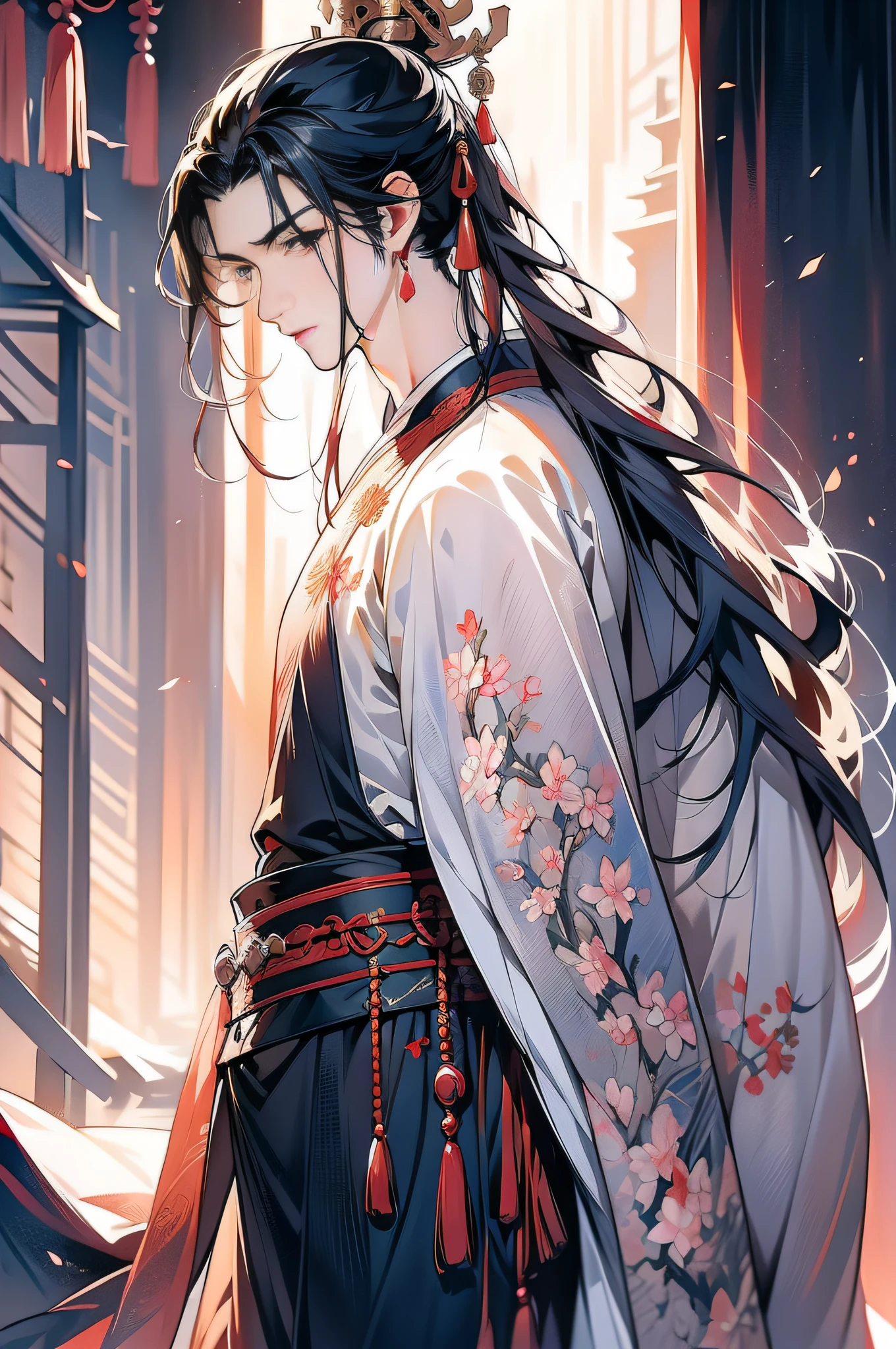 China-style,ink and watercolor painting,Hanfu,1boys ,standing on your feet,The clothes are black and white,long whitr hair,Handsome,swordsmen,the detail,closeup of face,k hd,ultraclear,color fill-in,color full,The clothes have no pattern