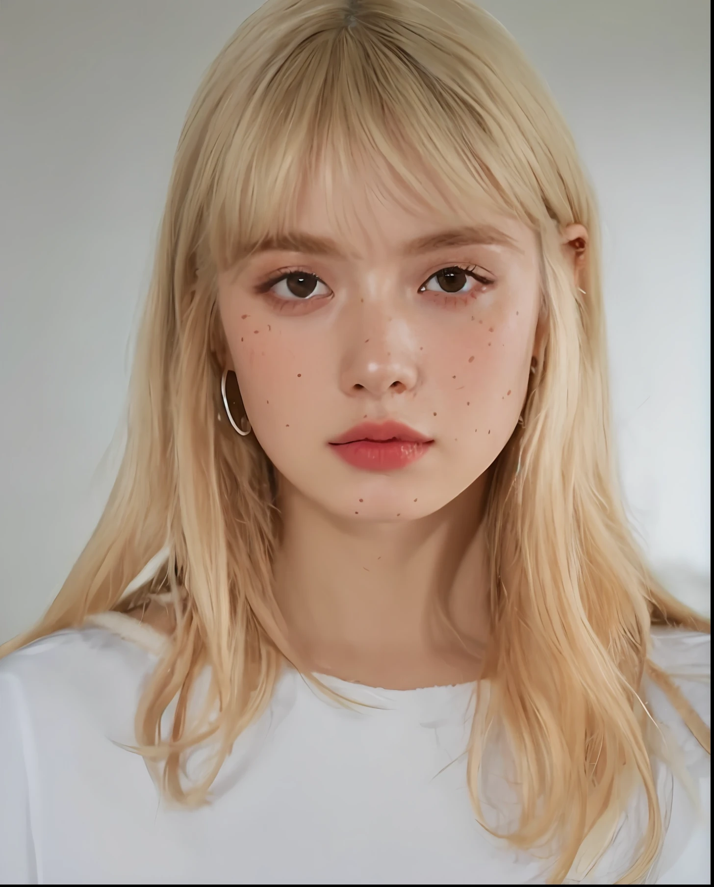 Blonde girl with freckles and piercings looking at the camera, pale round face, sardas claras, franja branca, sardas brancas, uma ****** com cabelo loiro, bochechas rosadas com sardas, franja branca, cabelo arrumado com franja, sardas fofas leves, sardas macias, sardas muito leves, parece uma mistura de grimes, Ela parece uma mistura de Grimes, Elle Fanning)