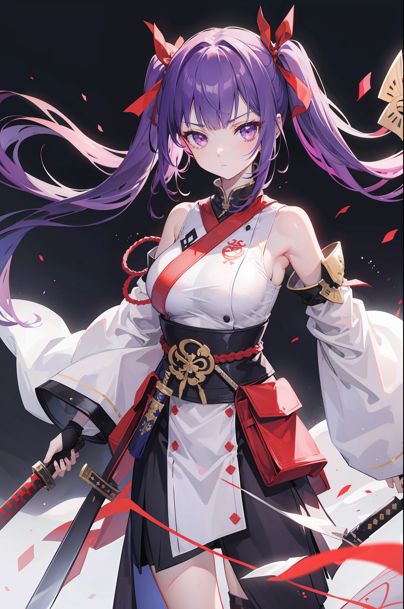 girl, bangs, detached_sleeves, hair_ribbon, holding, holding_sword, holding_weapon, katana, long_hair, looking_at_viewer, purple_hair, red_eyes, ribbon, scabbard, sheath, sheathed, simple_background, solo, sword, twintails, unsheathing, upper_body, weapon, white_background, wide_sleeves