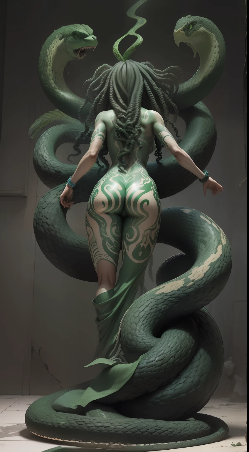 monstro medusa, (extremely high-resolution), (qualidade de obra-prima), escultura escura e detalhada, (Medusa: 1.4, Gorgona: 1.3), cobras, escamas, (sombria), THREATENING, sinistra, belissima, corpo de cobra, dinamic angle, (((cabelo com muitas cobras))), (((from behind))), (((escamas na pele))), snakes on the head, pele esverdeada, (((pele verde))))