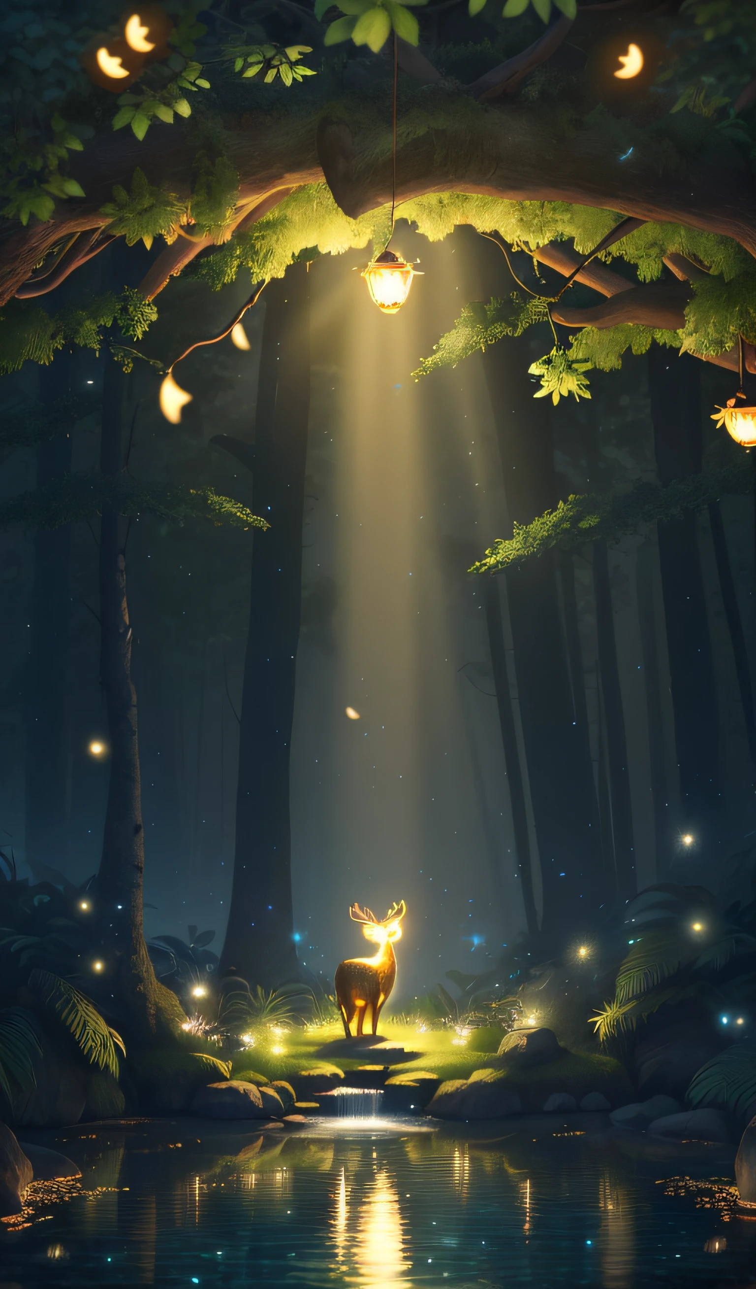 Masterpiece, best quality, (very detailed CG unity 8k wallpaper), (best quality), (best illustration), (best shadows), glow sprite, with a glowing deer, in the swimming pool Drinking water, natural elements in the forest theme. Mysterious forest, beautiful forest, nature, surrounded by flowers, delicate leaves and branches surrounded by fireflies (natural elements), (jungle theme), (leaves), (twigs), (fireflies), (particle effects) etc. 3D , Octane rendering, ray tracing, super detailed