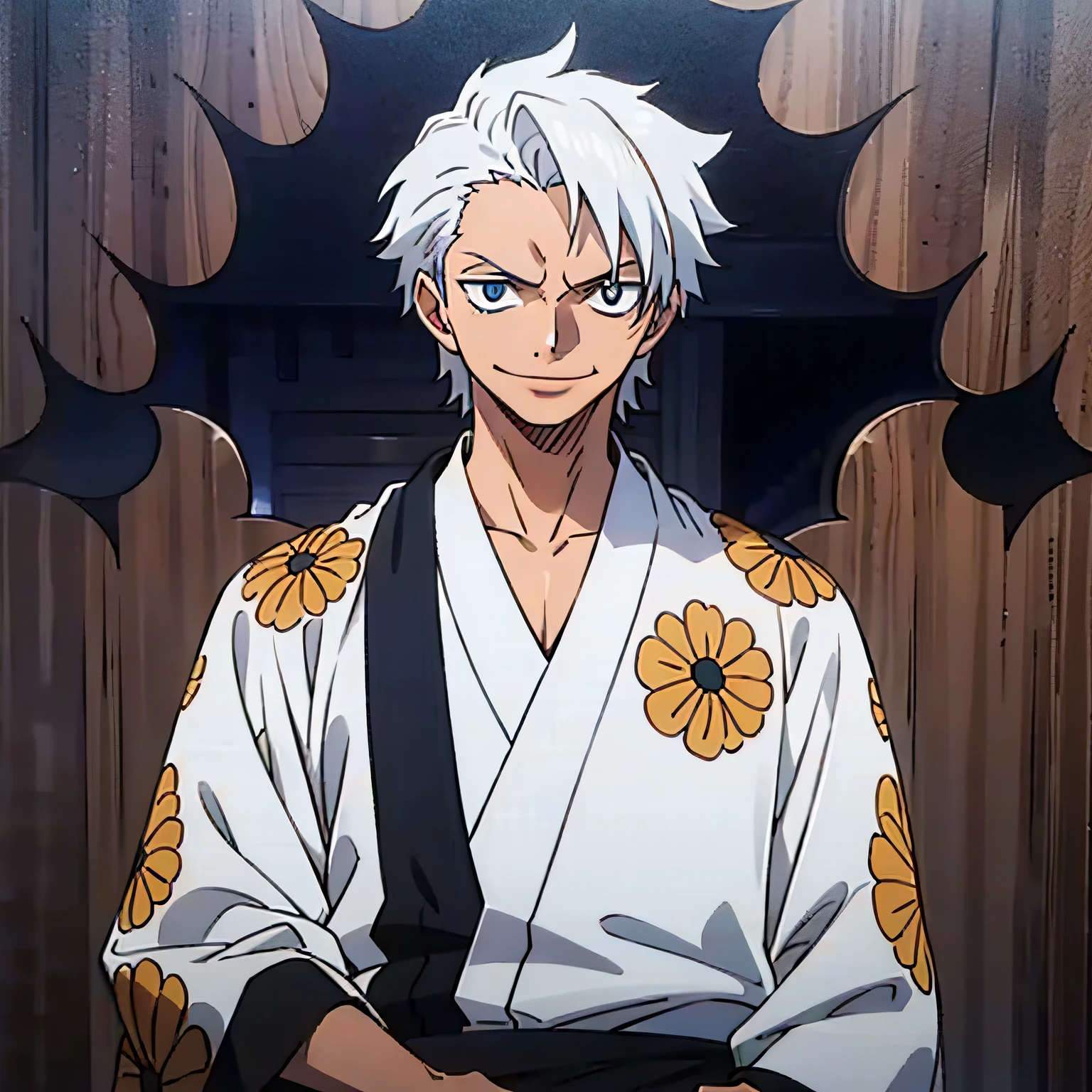 A confident young man with silver hair wearing a yukata, sporting an arrogant smile, against a backdrop of cool and artistic elements.