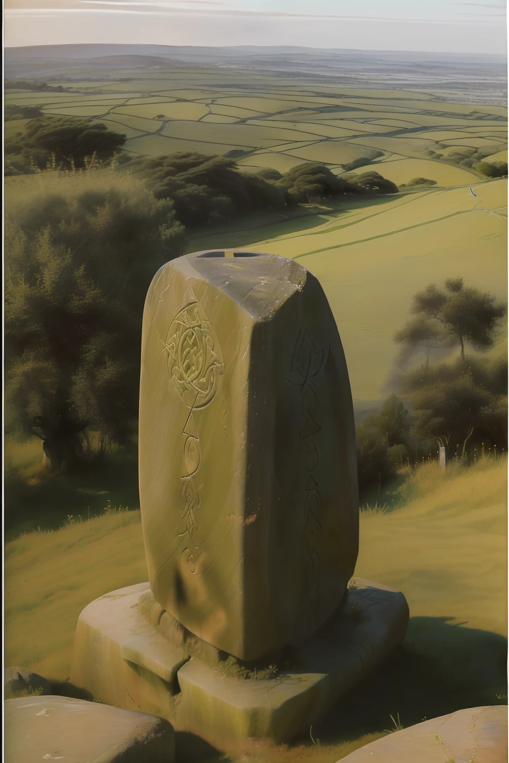 Tojos amarelos. (((Pre-Raphaelite Celtic painting of menhir on top of a hill, Celtic symbols La Tène carved in polished stone, Lia Fáil, Campos de Tojo, paisagem irlandesa, entardecer)))
