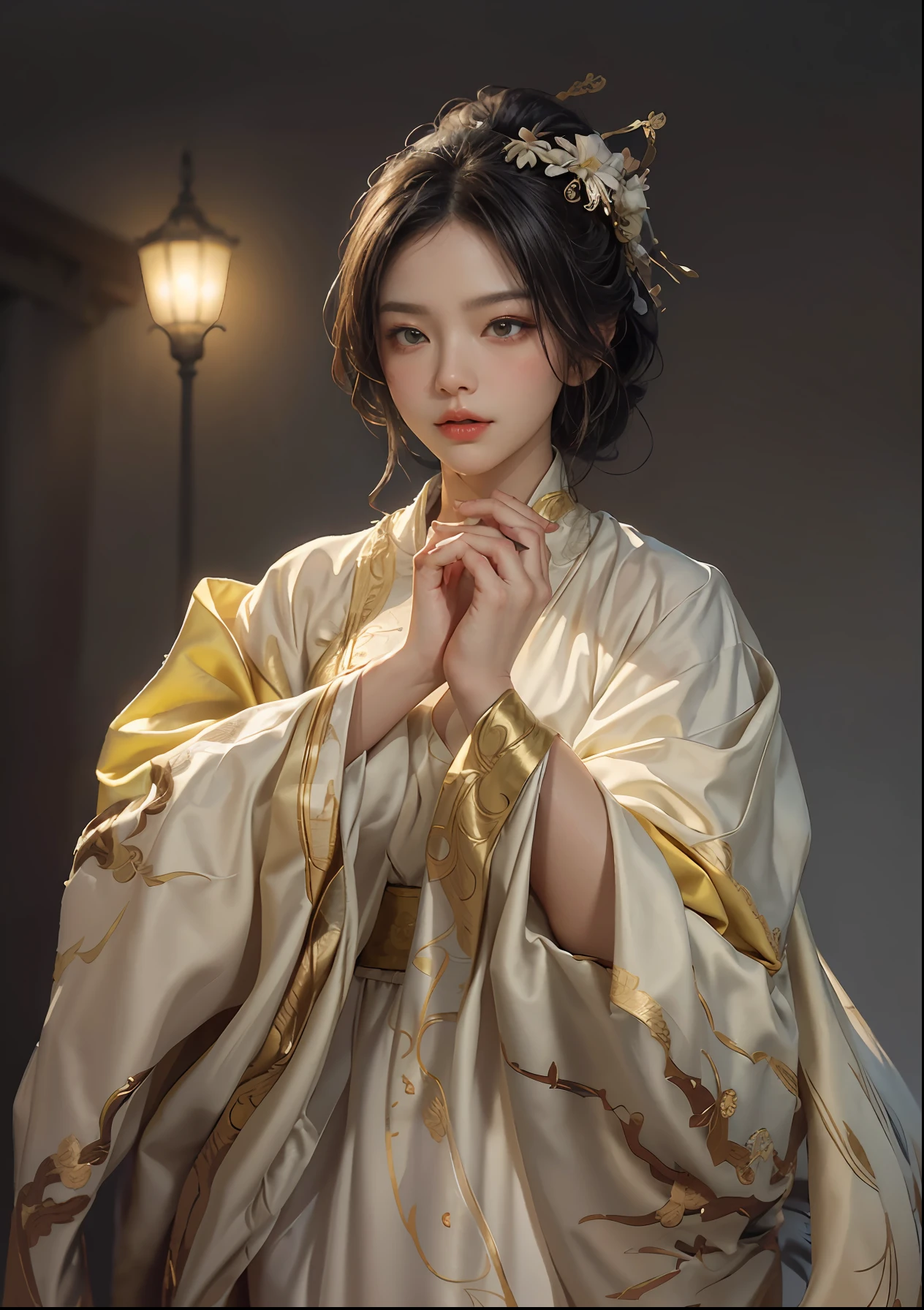 Art depicts a charming woman，Dressed in a flowing manner、Silky traditional oriental dress，Yellow-white，Decorated with intricate patterns and bright colors。Her dress draped elegantly over her curvy figure，Highlights her seductive silhouette。She stood gracefully in the quiet moonlit night，bathed in the soft glow of the moonlight。The scene exudes an ethereal and dreamy atmosphere，With a touch of mystery and sexiness。The image style incorporates watercolor and digital illustration techniques，It evokes a refined beauty and charm。The lights are filled with soft moonlight，casting soft highlights and shadows on her charming features。Bare thighs，Bigchest