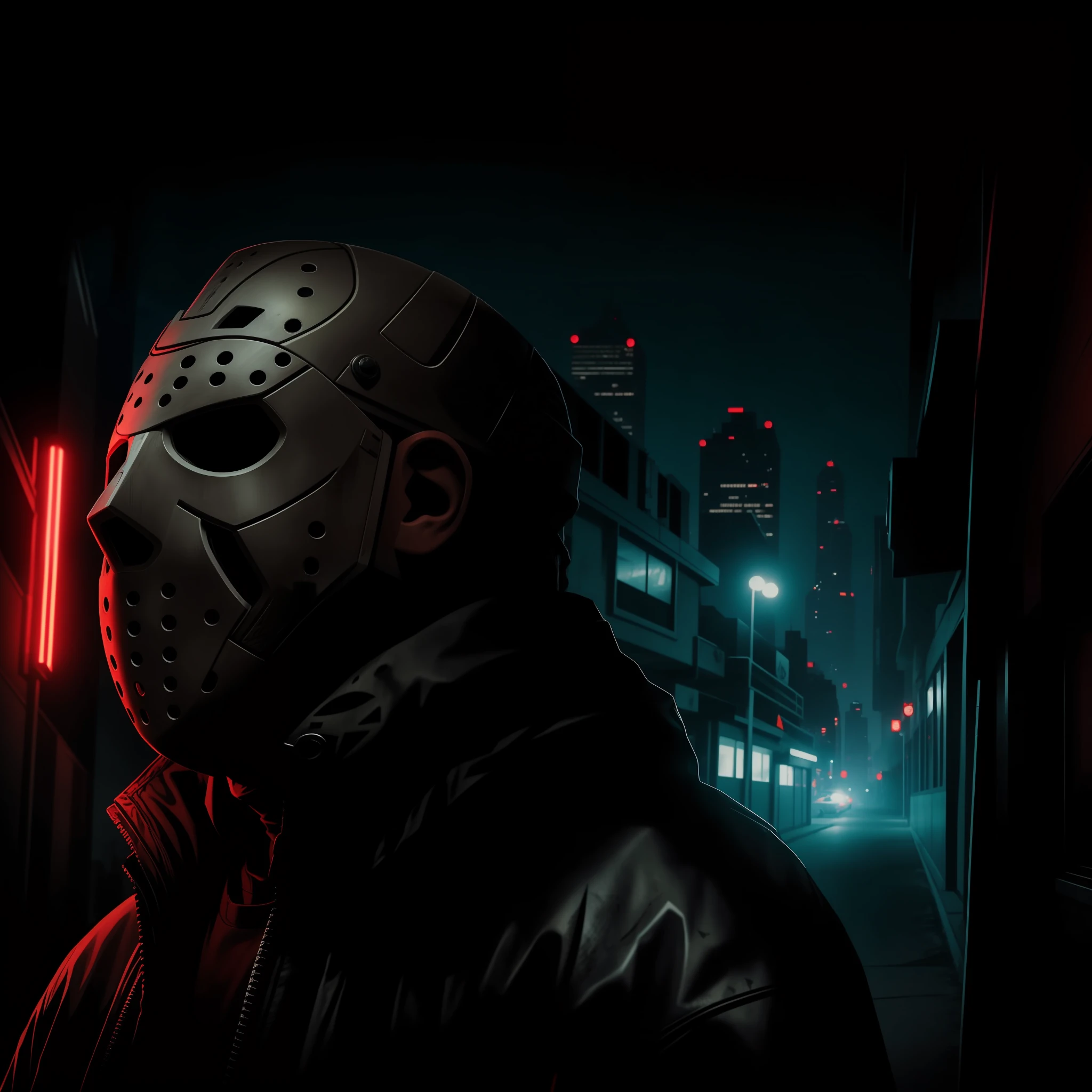 Track cover, Jason Voorheese's mask, Hockey, Neon, the night, Background of the city