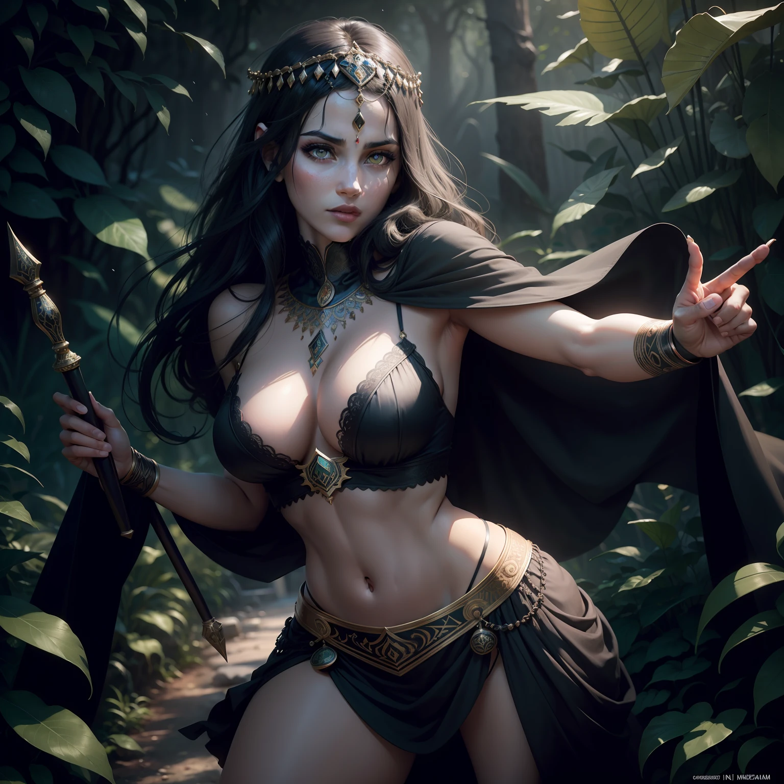 1 adult Arabic woman princess , green eyes, black hair flaps, makeups , upper body, looking at viewer, detailed background, detailed face, OldArabAi, ancient arabic theme, feral jungle warrior, obsidian, ((defensive stance)), stone knife, bushes, poisonous plants, rocks, humid climate, darkness, cinematic atmosphere,
dark chamber, dim light, (zentangle, mandala, tangle, entangle:0.5)
(35mmstyle:1.1), front, masterpiece, 1970s film, , cinematic lighting, (photorealistic:1.5), high frequency details, 35mm film, (film grain), film noise,