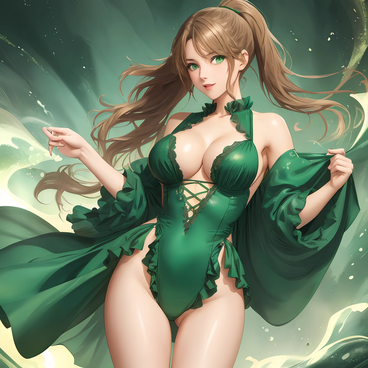 high image, super detail, high resolution, standing split legs, pretty girl, ecstatic expression, amorous expression, seductive look, flowing layered messy wavy light brown ponytail hair, emerald green eyes, huge breasts, under boob, great proportion, perfect proportion, slender, full body