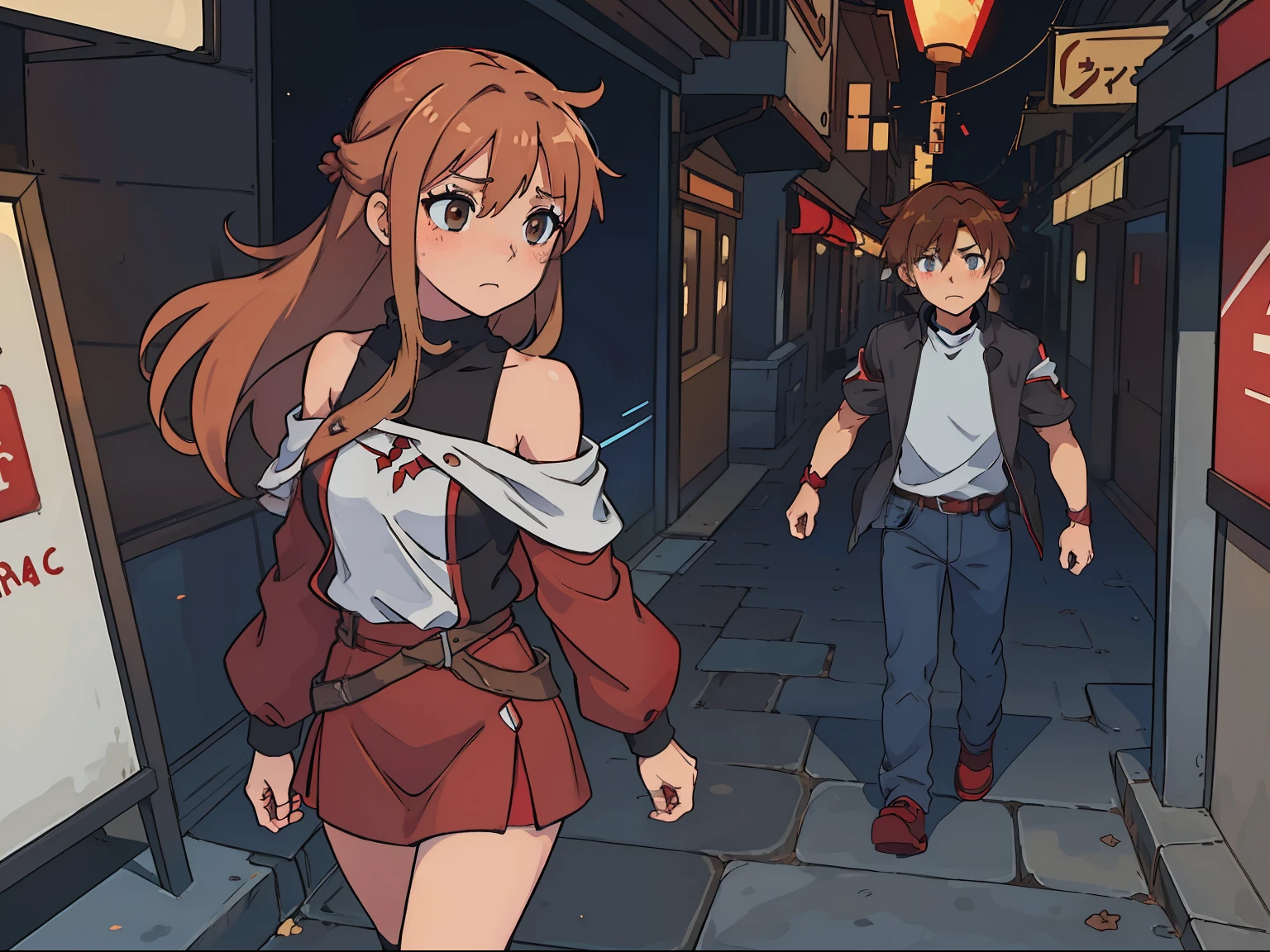 (Asuna1 walking away from Boy1), (Asuna1, female, long blond hair, brown eyes, blue off-shoulder turtleneck top, red short skirt, white sandals, pouting, blushing), (Boy1, male, short red brushed-up hair, red bandanna, brown eyes, black leather jacket, blue jeans, worried), Boy1 grabbing Asuna1 hand, Boy1 trying to stop Asuna1, city sidewalk